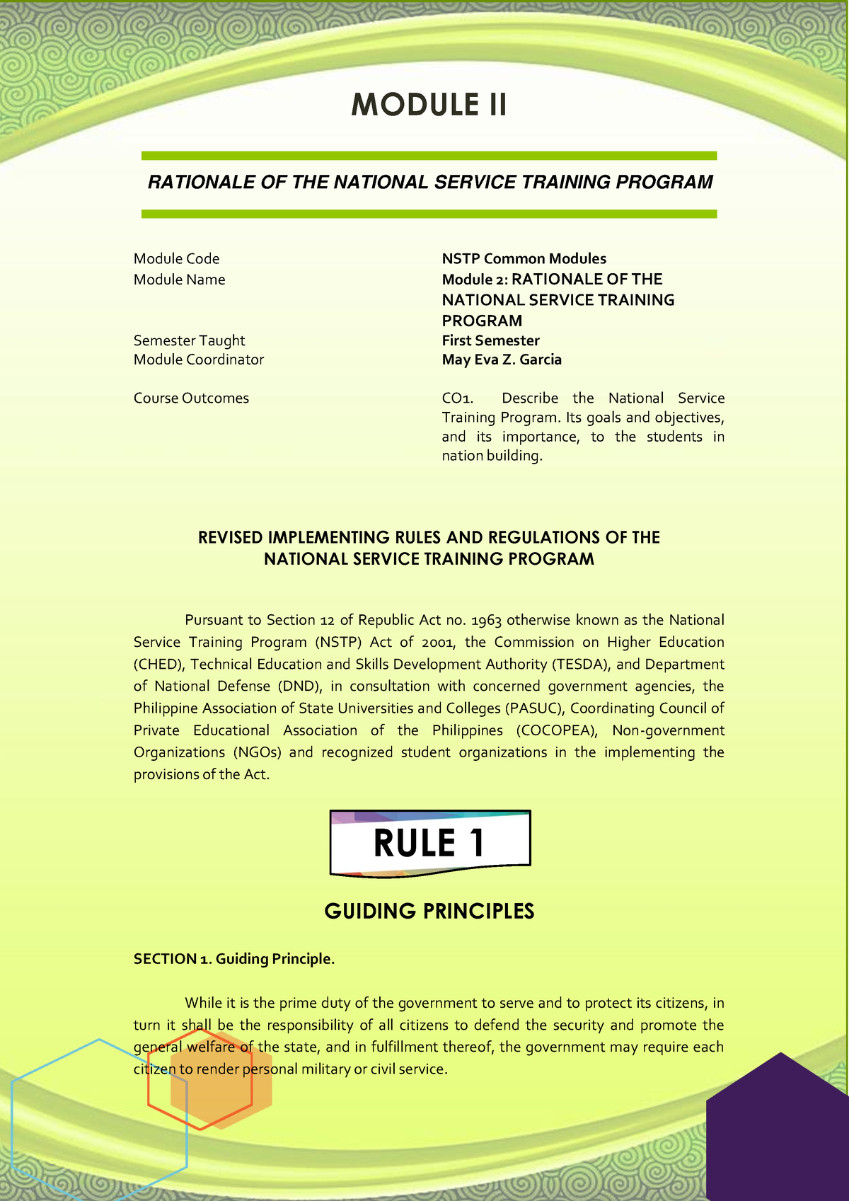 NSTP Module 2 Rationale Of NSTP - MODULE II ####### RATIONALE OF THE ...