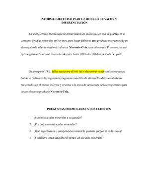 Informe Ejecutivo Parte 2 Modelo DE Valor Y Diferenciacion - INFORME  EJECUTIVO PARTE 2 MODELO DE - Studocu