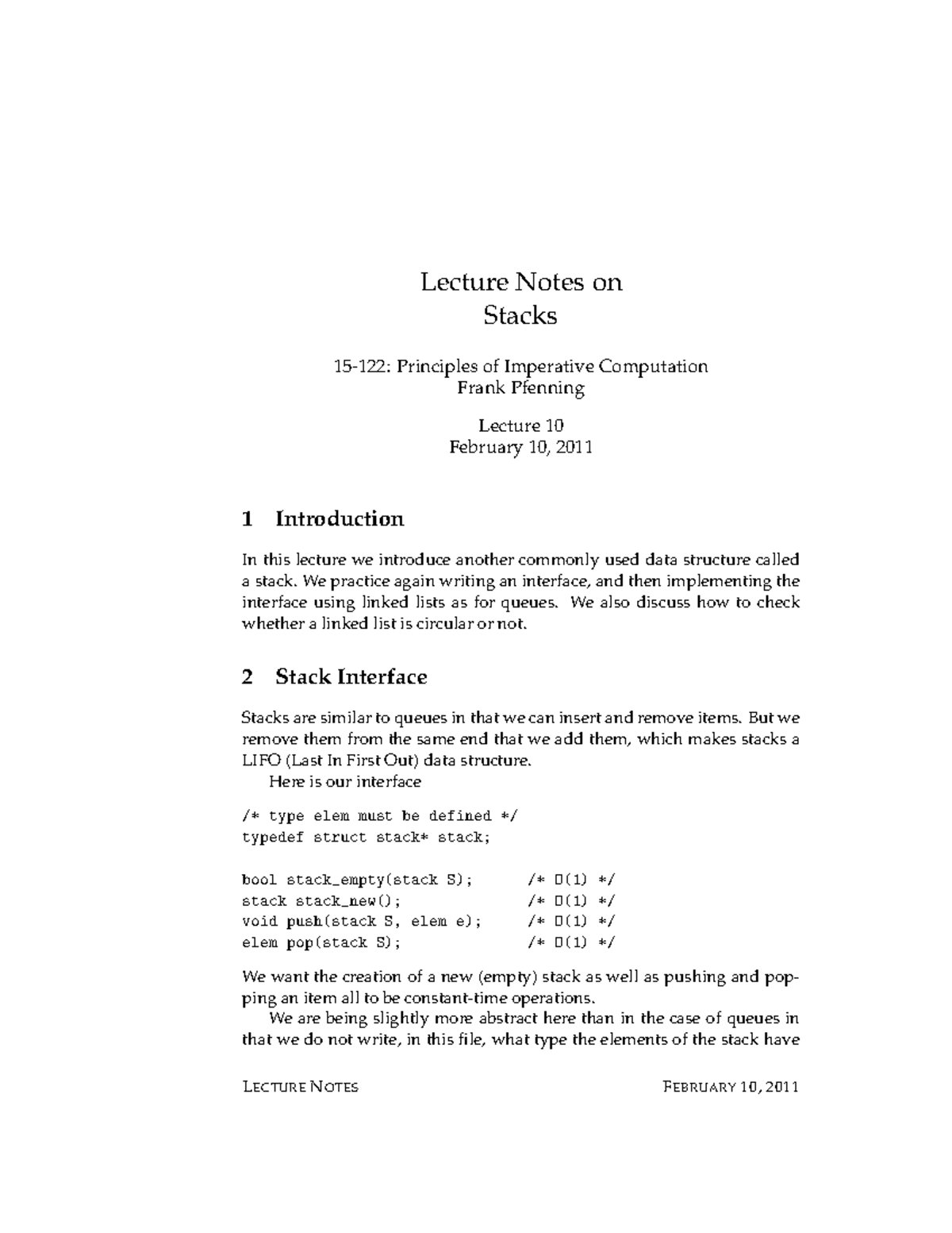 Stacks in data structure - Lecture Notes on Stacks 15-122: Principles ...