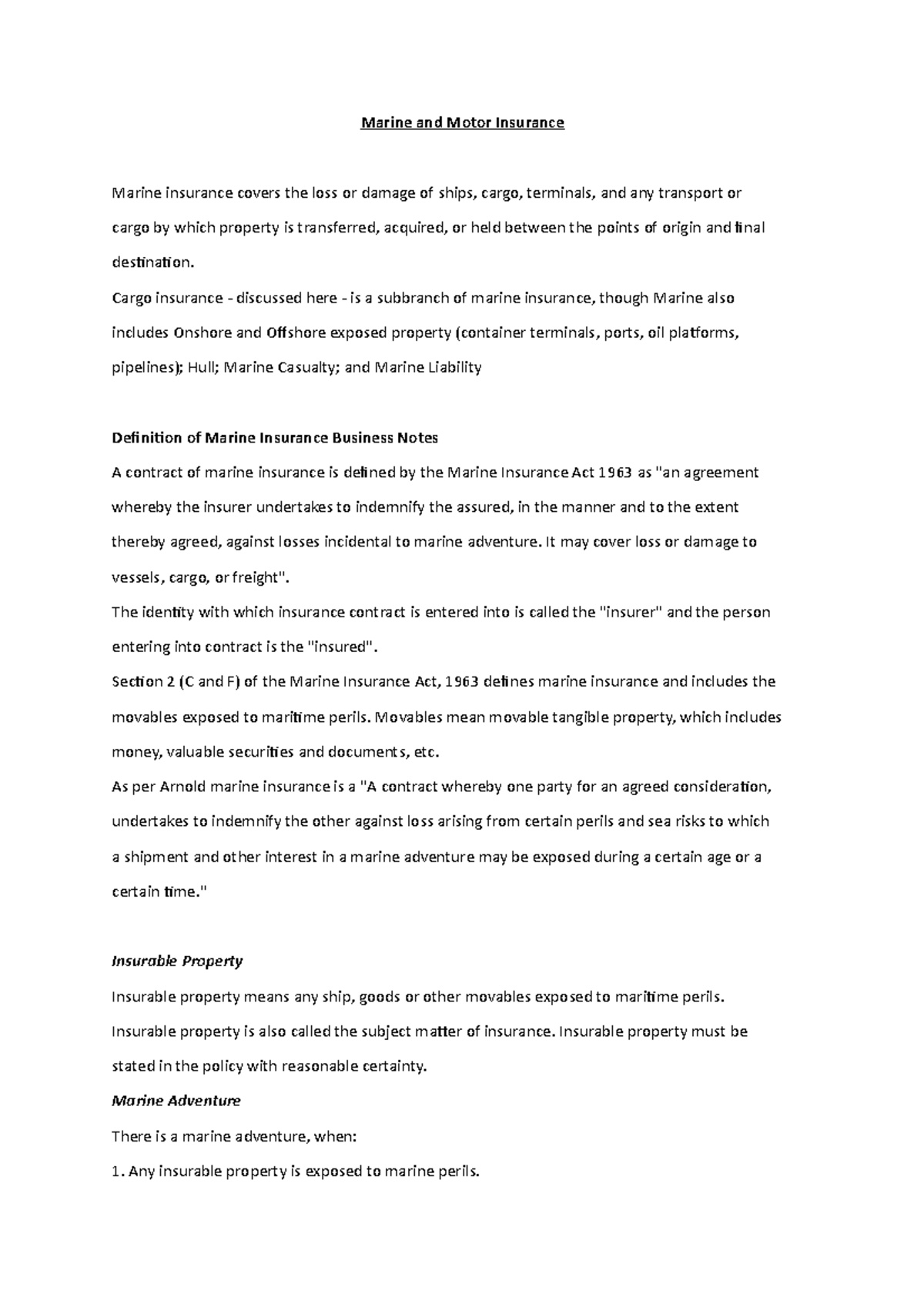 Bnkng 001 - Short note - Marine and Motor Insurance Marine insurance ...