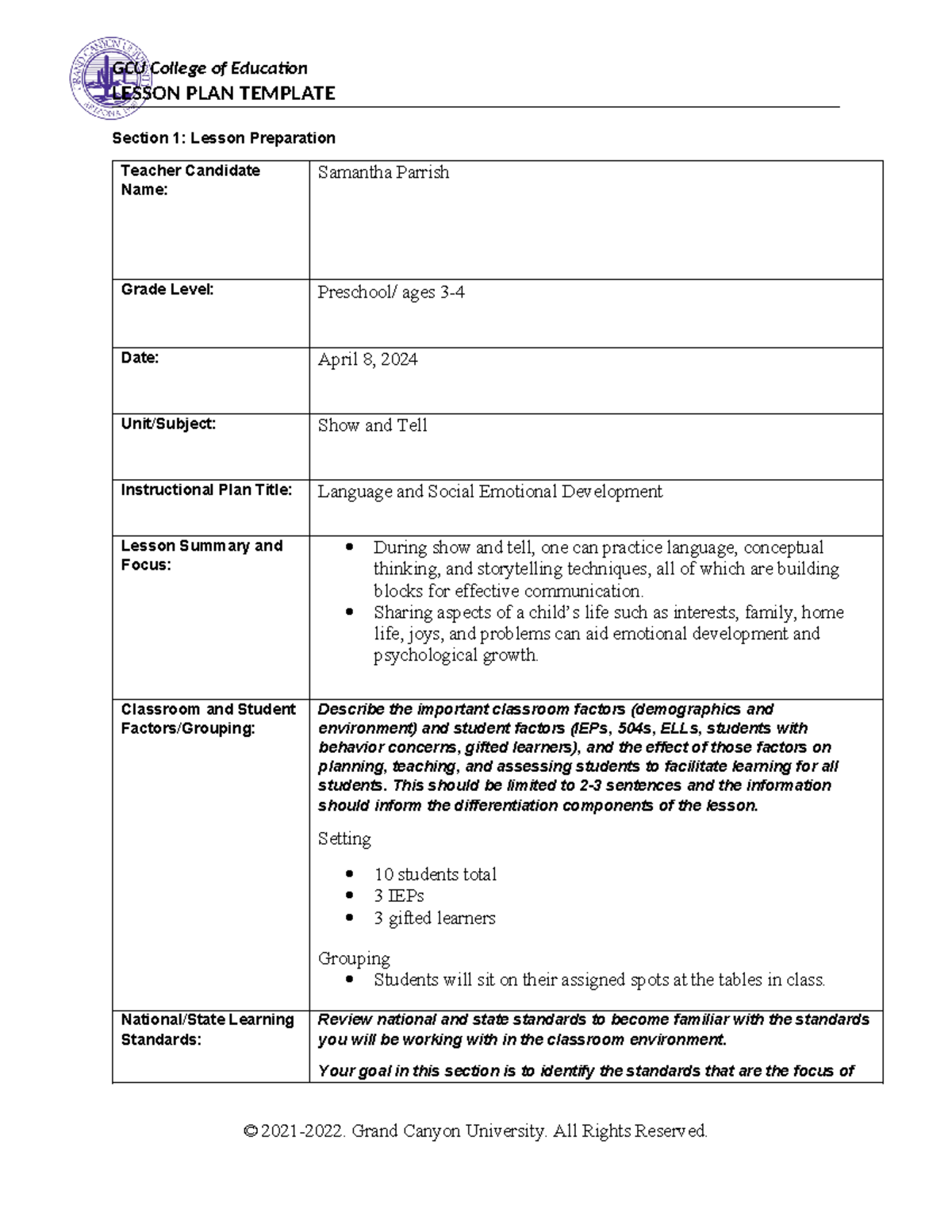 ECS-210-O500 Instructional Planning - LESSON PLAN TEMPLATE Section 1 ...