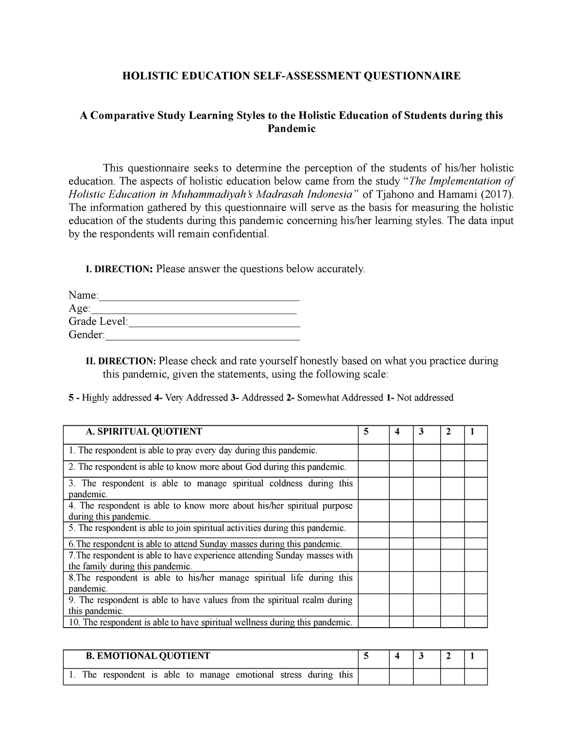 QUESTIONNAIRES EXAMPLE FOR RESEARCH PURPOSES - HOLISTIC EDUCATION SELF ...