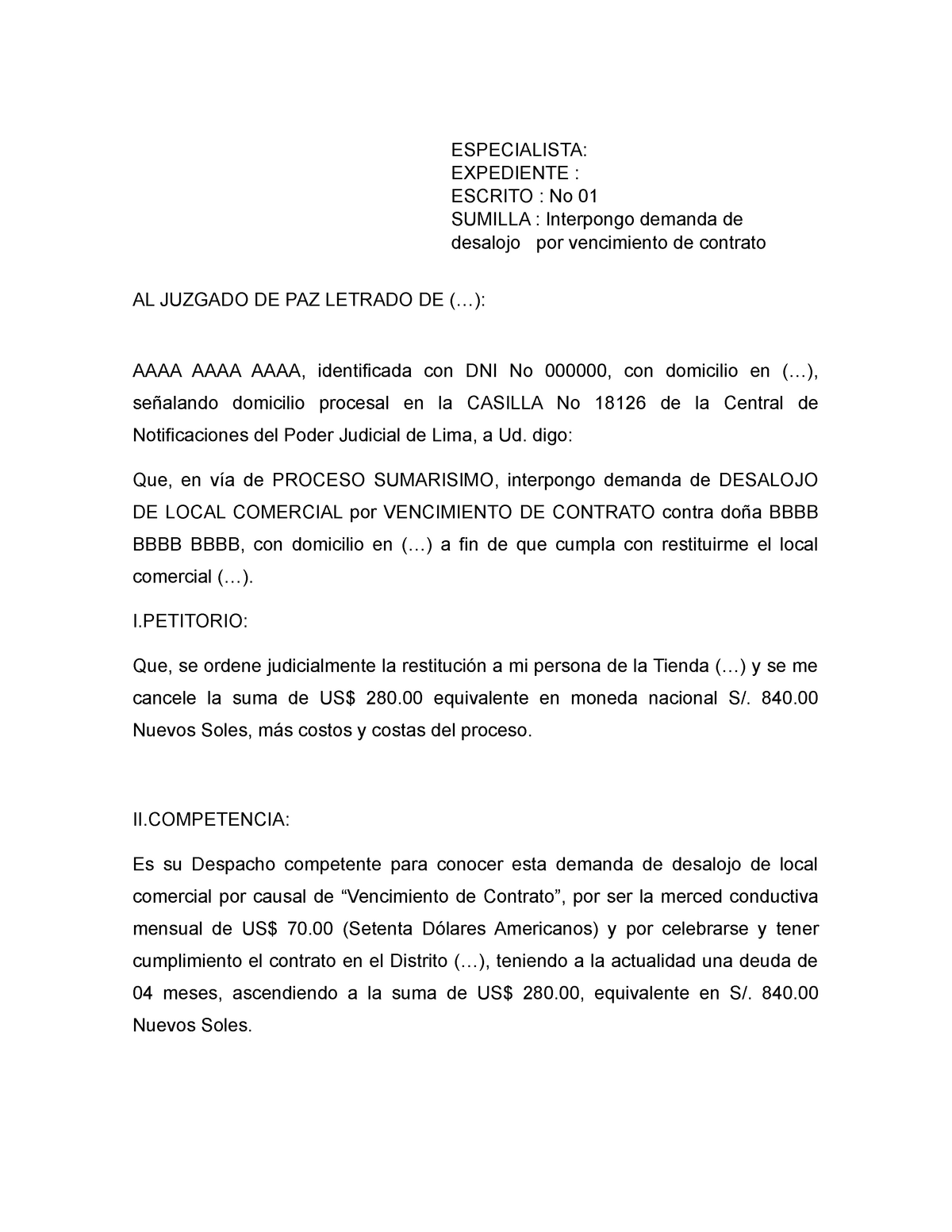 Demanda de desalojo por vencimiento de contrato - AL JUZGADO DE PAZ LETRADO  DE (...): AAAA AAAA - Studocu
