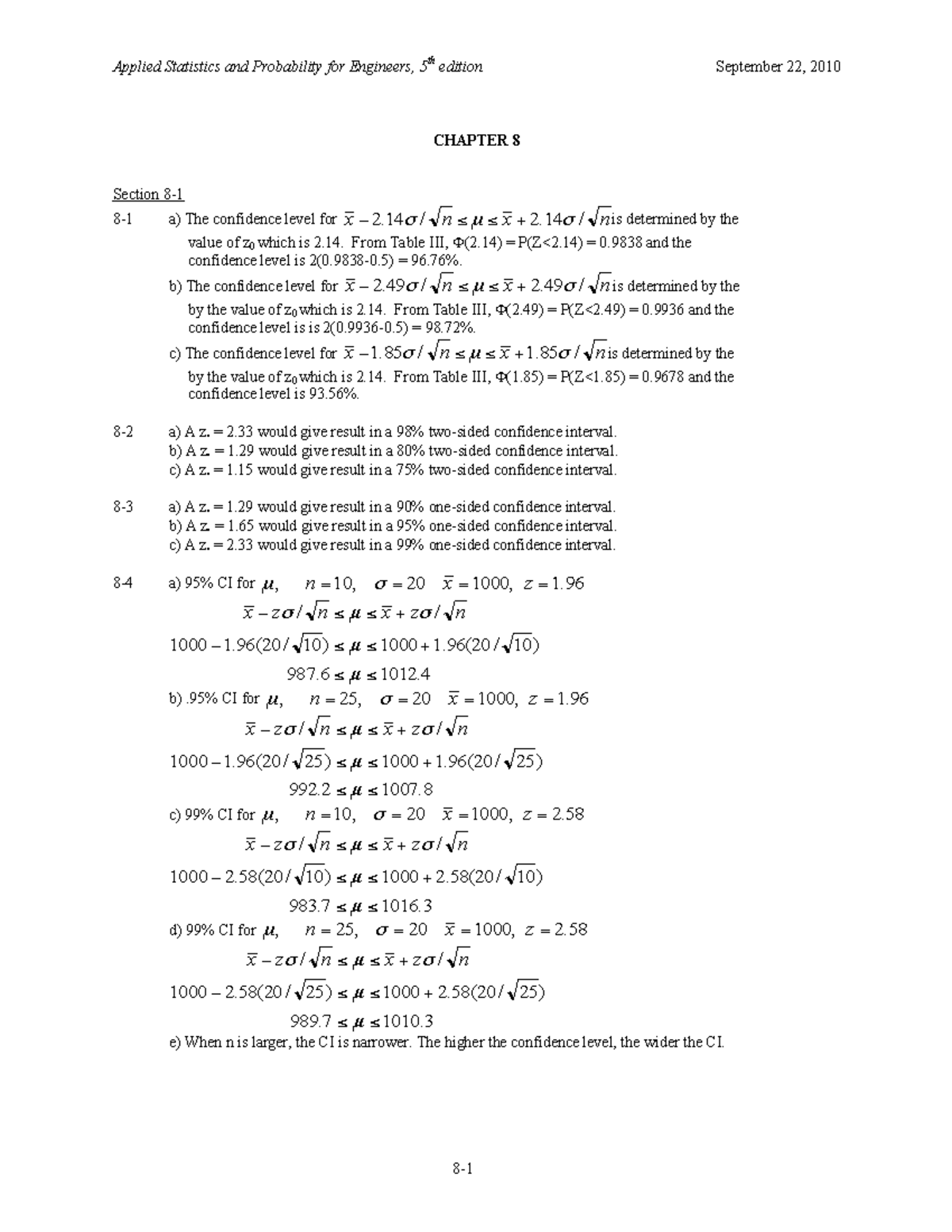 161530667 ISYE 2028 Chapter 8 Solutions CHAPTER 8 Section 8 1 8 1 a) The confidence level