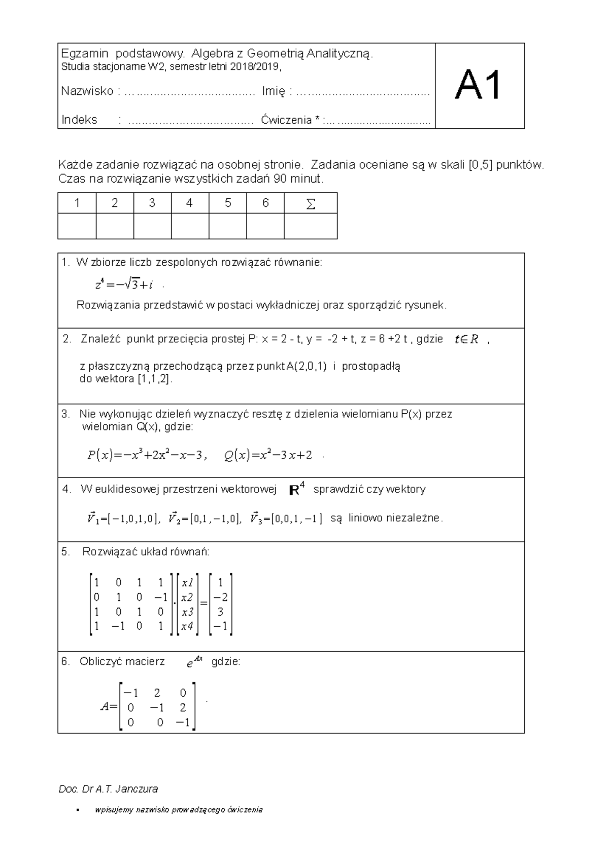 T1 2018 2019 lato - przykładowe zadania - Egzamin podstawowy. Algebra z ...