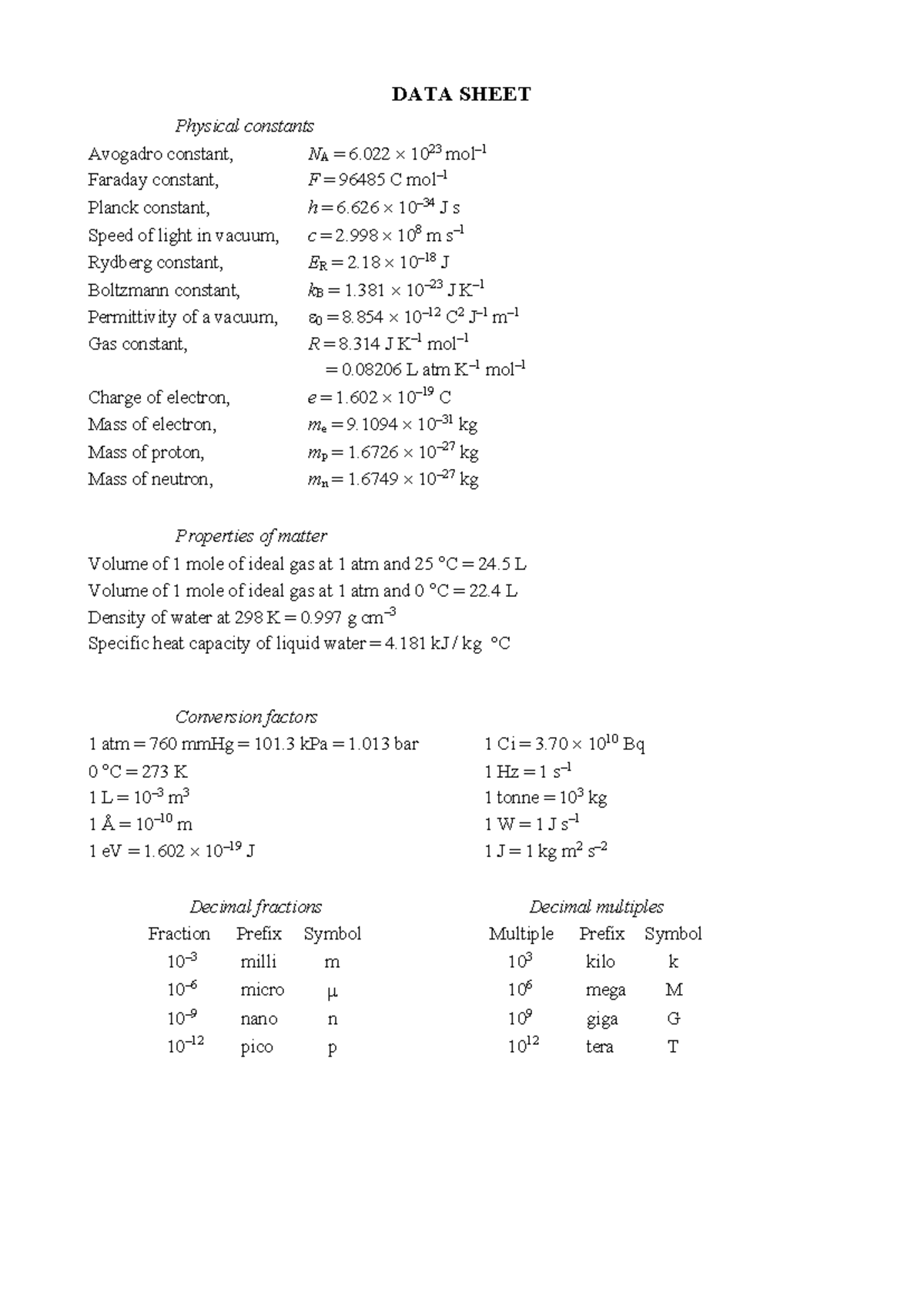 Datasheet and periodic table - DATA SHEET Physical constants Avogadro ...