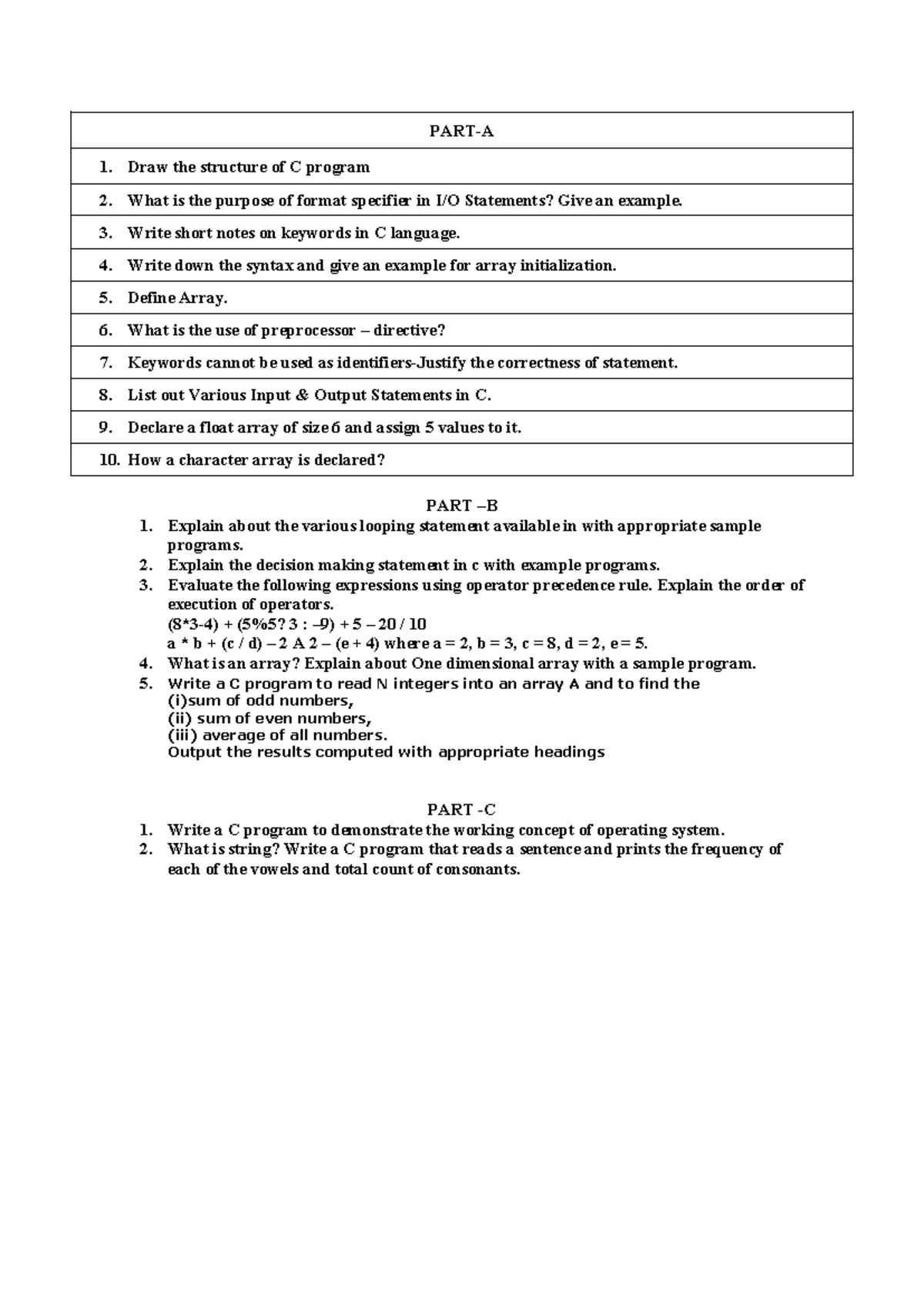 C important question - PART-A 1. Draw the structure of C program 2 ...