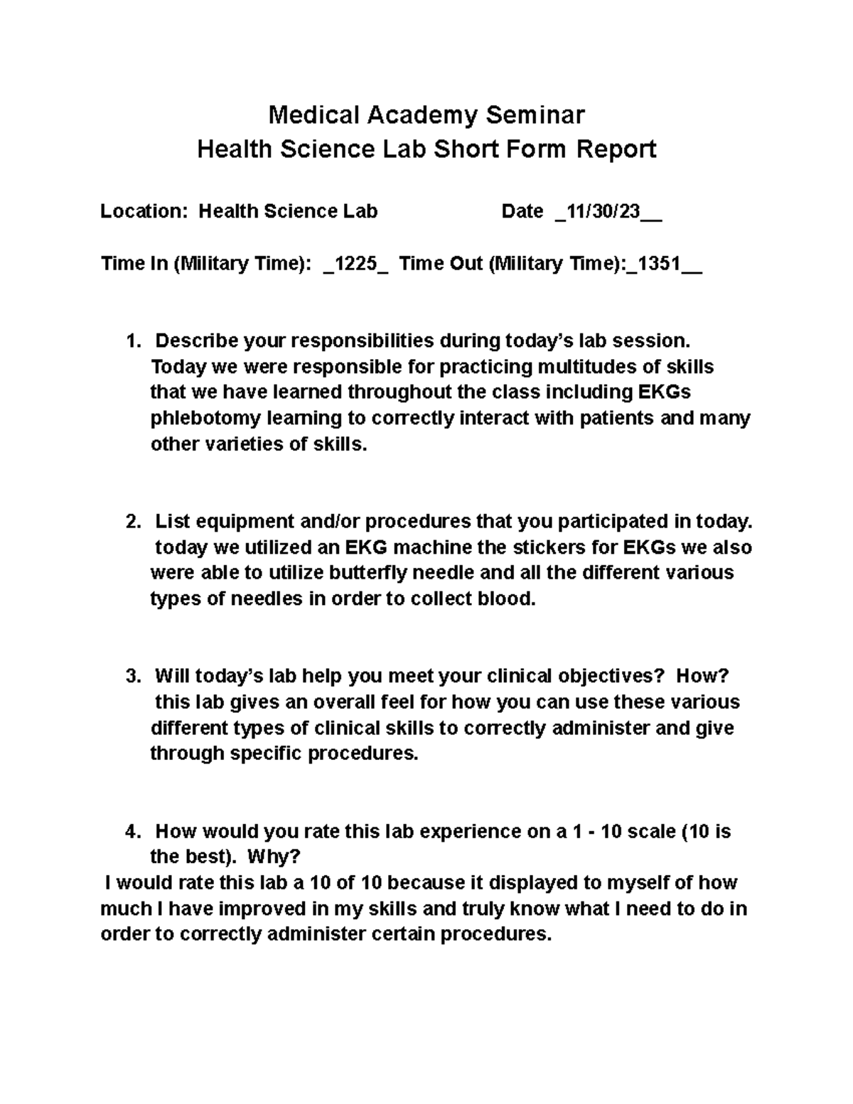 Health Science Lab Short form Medical Academy Seminar Health Science