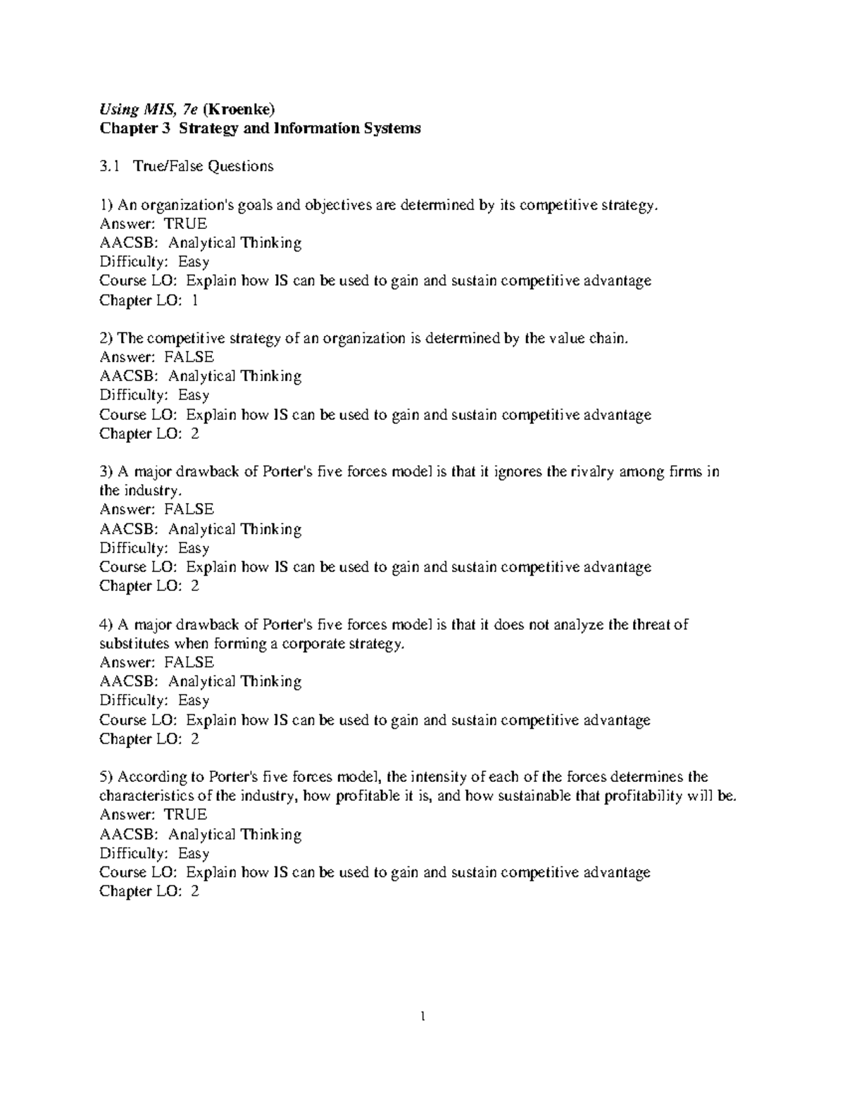 Chapter 03 v2 practice - Using MIS, 7e (Kroenke) Chapter 3 Strategy and ...