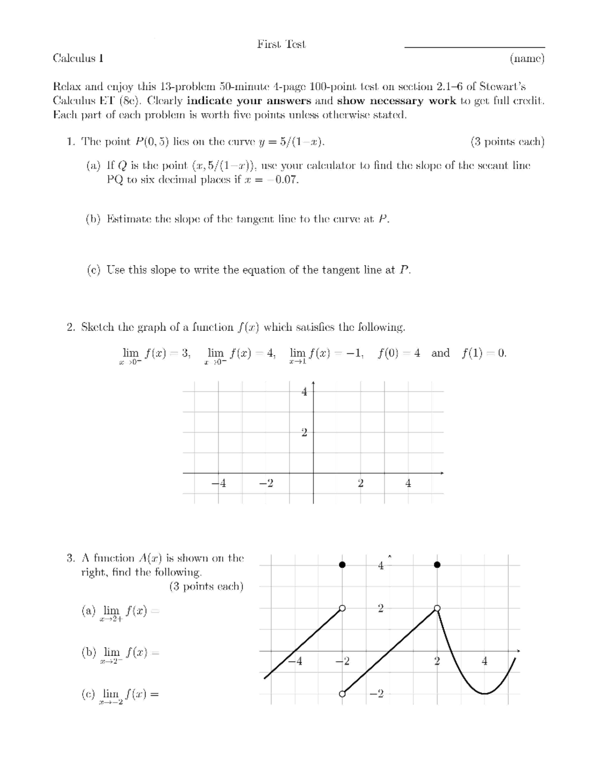 MATH 30 Practice 3 - Math 251 (Fall 2019) Calculus I First Test (name ...