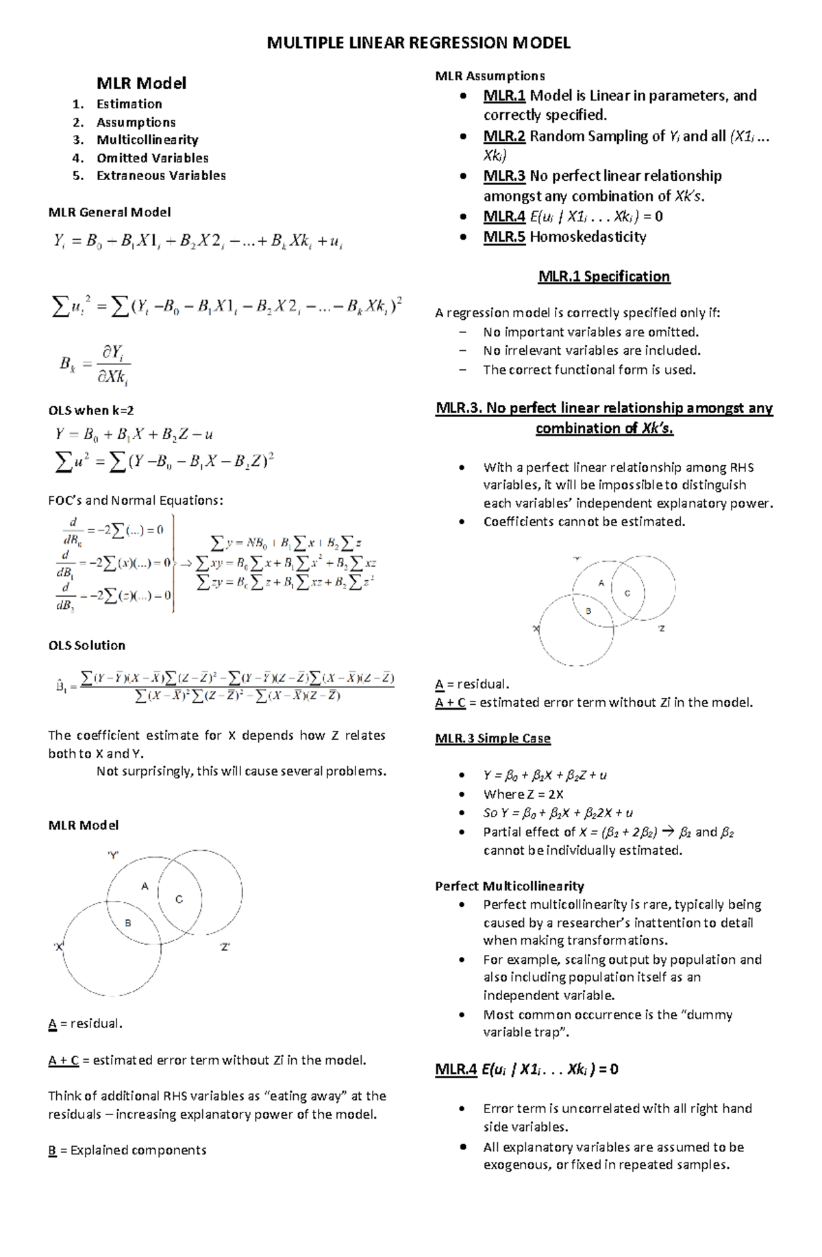 Multiple linear regression model multiple linear regression model mlr
