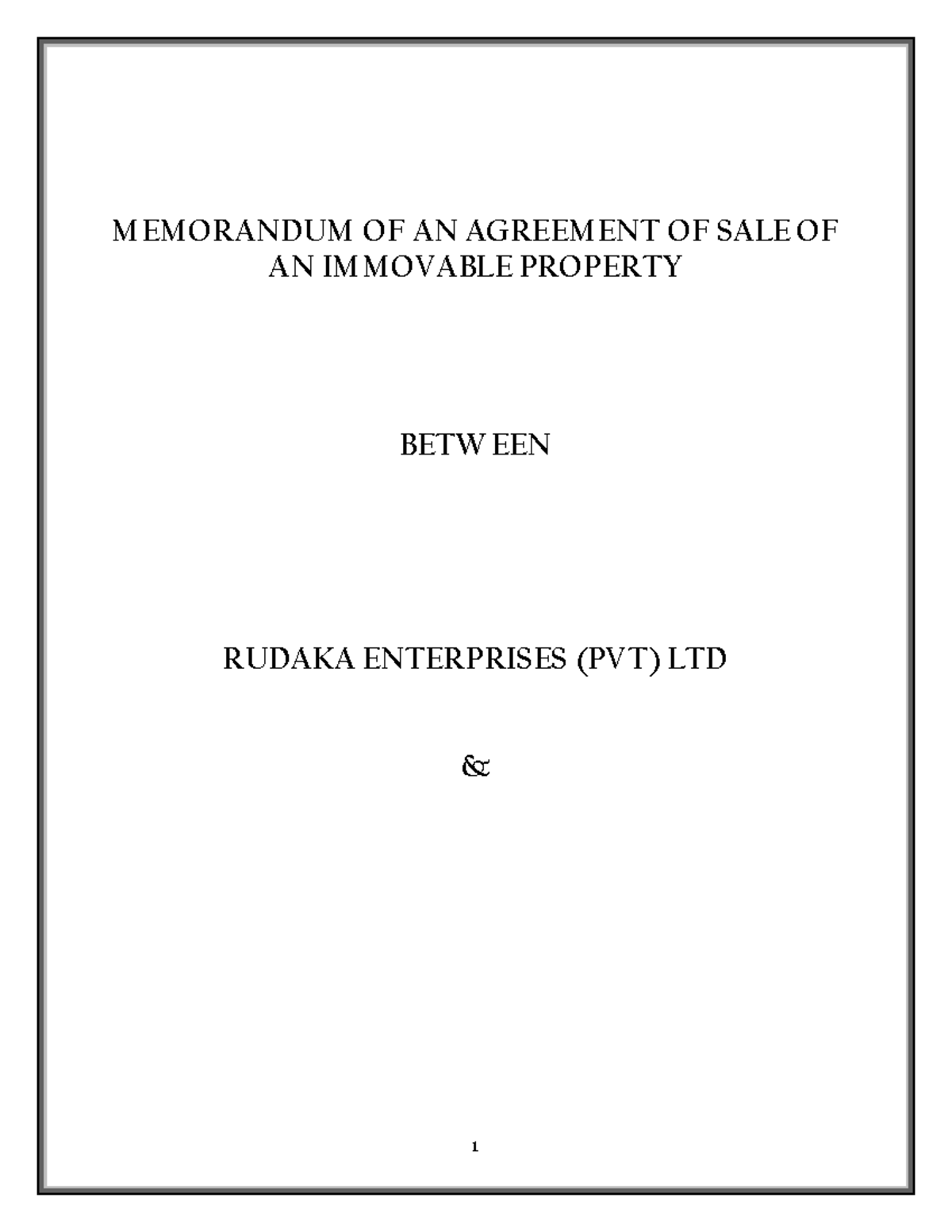 Agreement of Sale Draft MEMORANDUM OF AN AGREEMENT OF SALE OF AN
