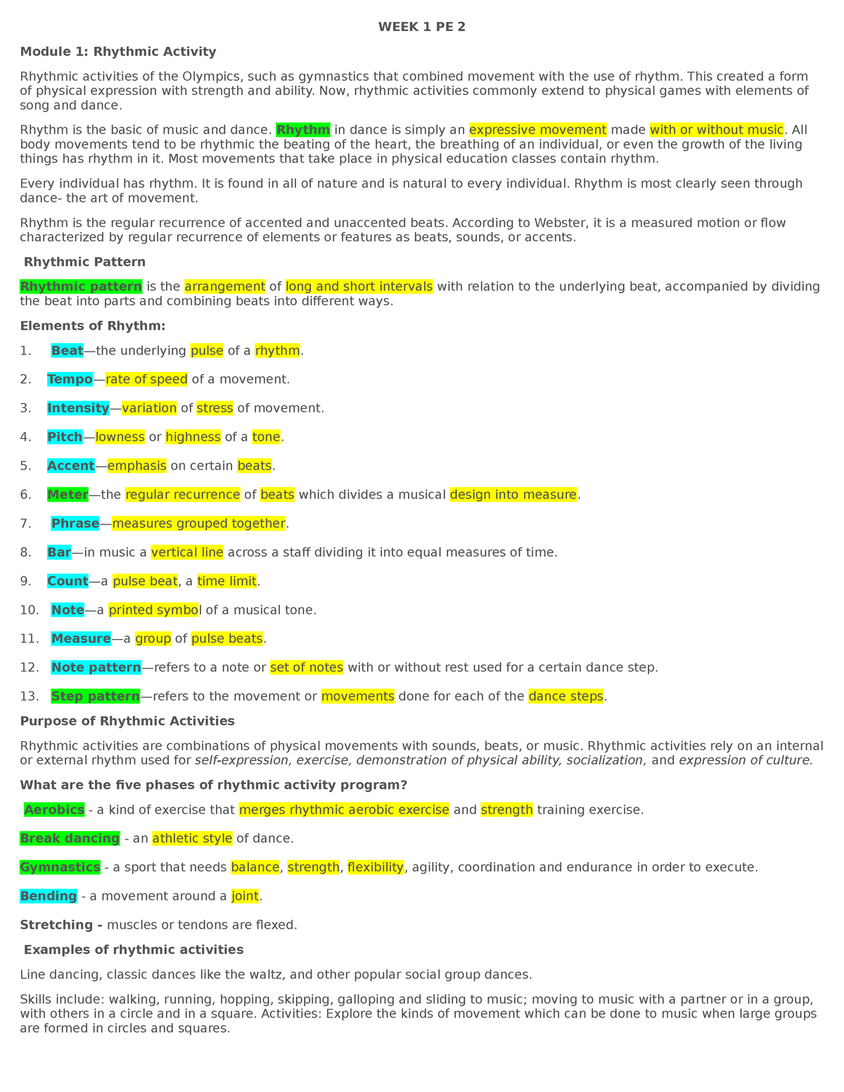 WEEK 1-5 PE 2 - Setheth - WEEK 1 PE 2 Module 1: Rhythmic Activity ...