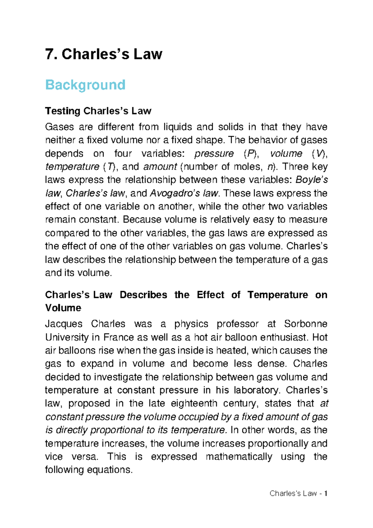 Lab Manual Charles Law - 7. Charles’s Law Background Testing Charles’s ...