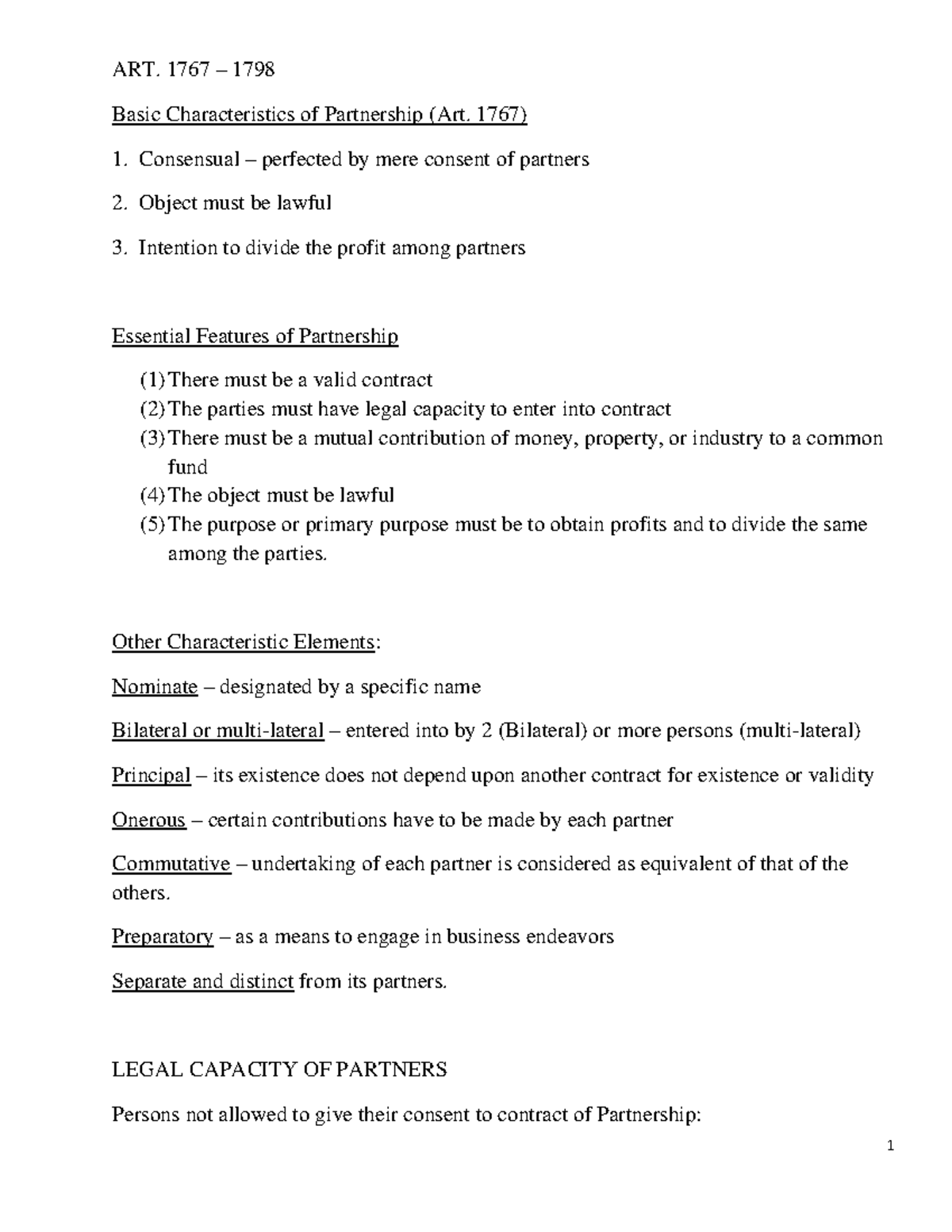 Partnership - Lecture notes 1 - ART. 176 7 – 1798 Basic Characteristics ...