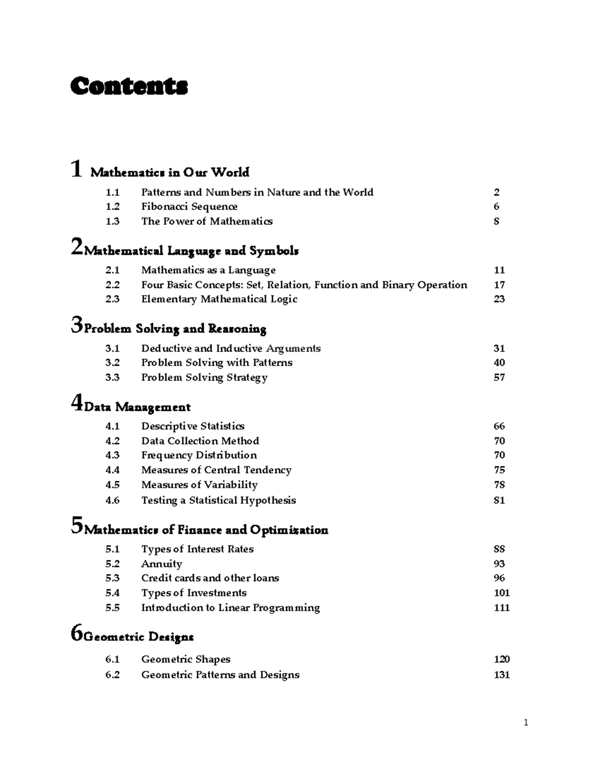 MMWBOOK book foe mmw Contents 1 Patterns and Numbers in Nature and