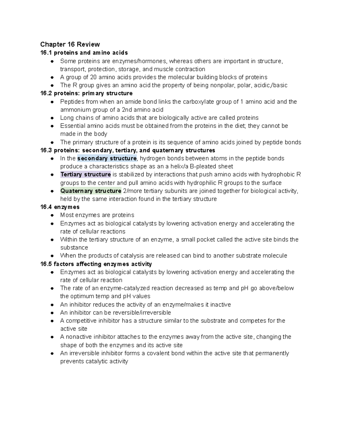 Chem136 textbook review ch16 - Chapter 16 Review 16 proteins and amino ...