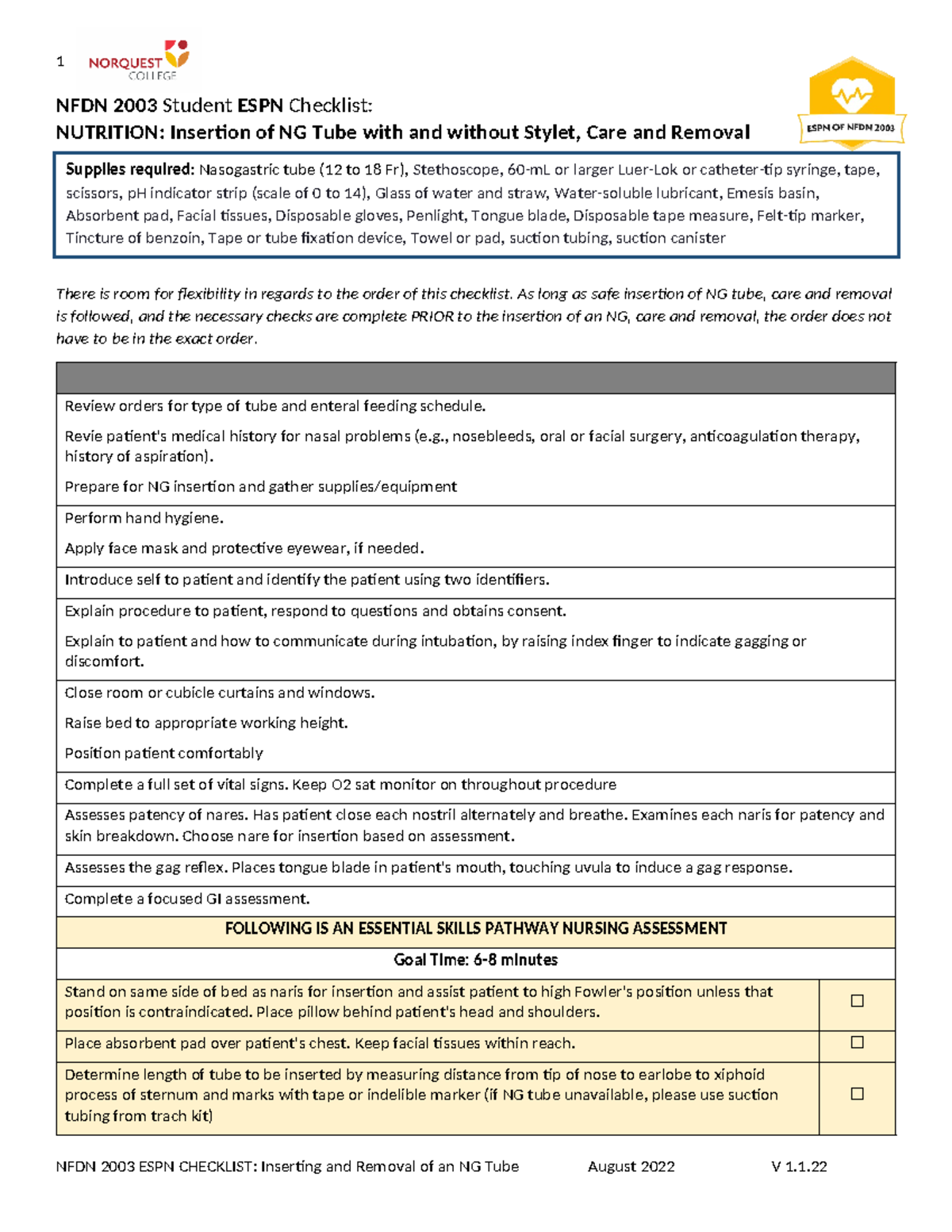 Nfdn 2003 Student Espn Checklist Insertion Of Ng Tube With And Without 