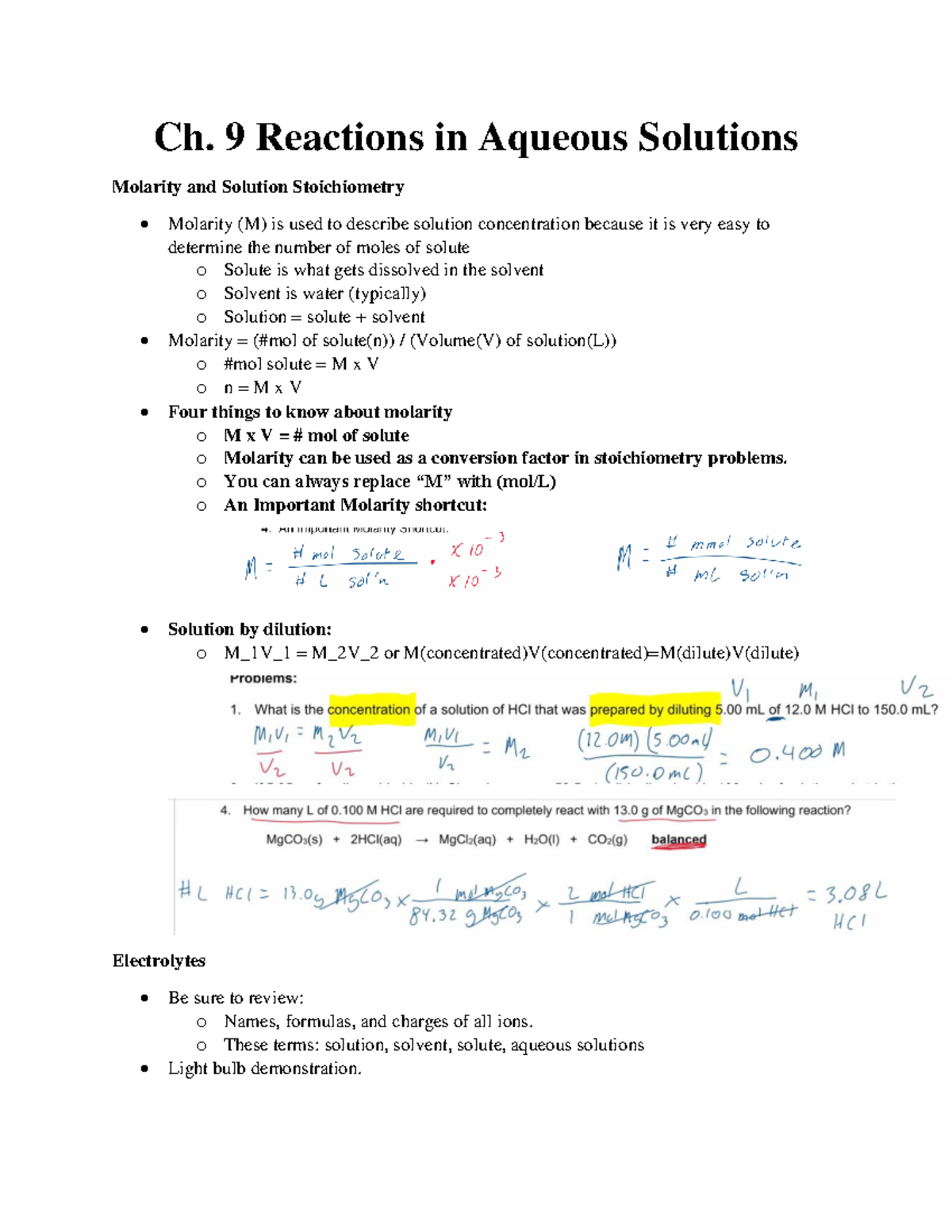 CHEM 1411 CH.9 notes - Ch. 9 Reactions in Aqueous Solutions Molarity ...