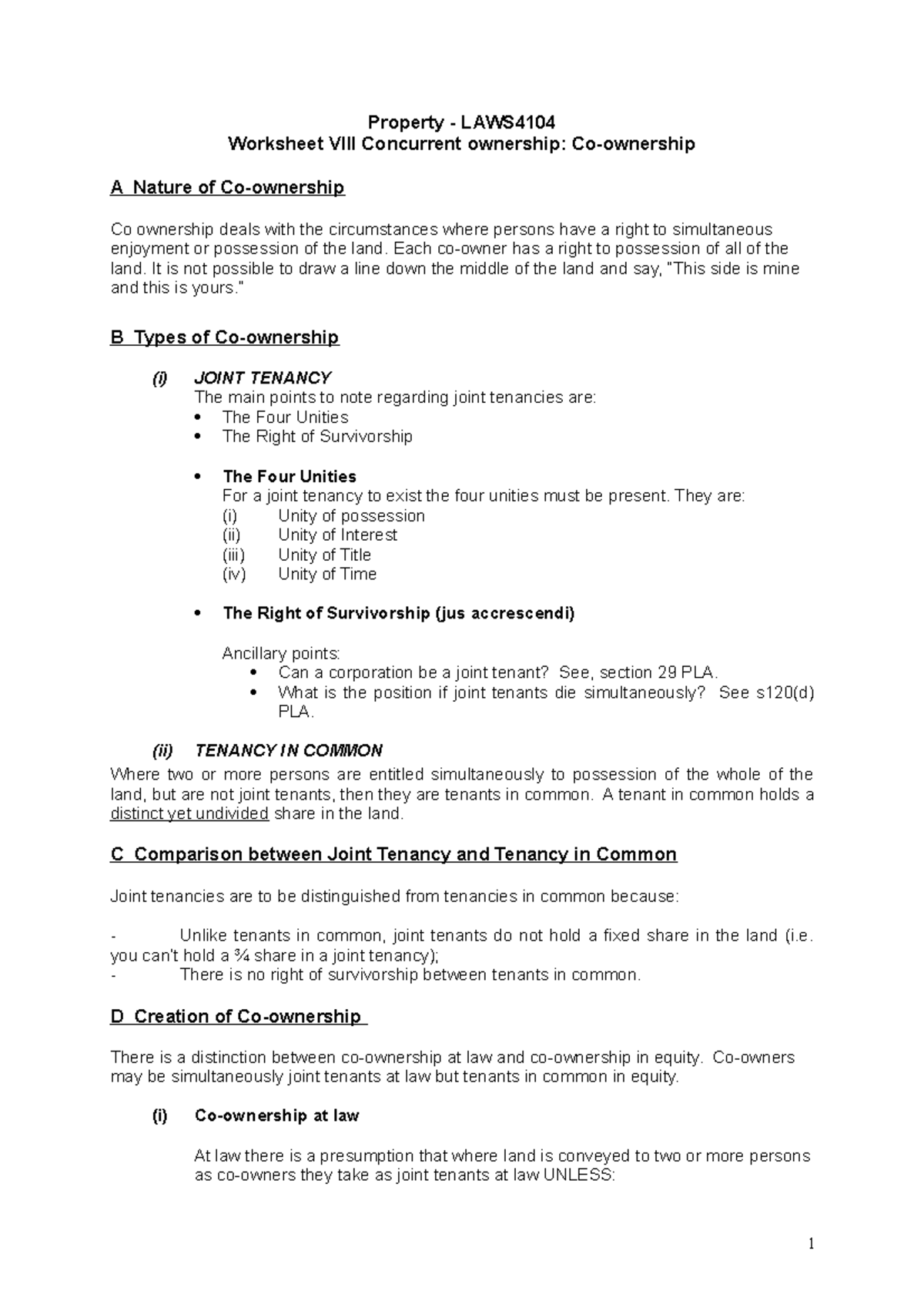 Worksheet VIII Concurrent ownership - Co-ownership (1) - Property ...