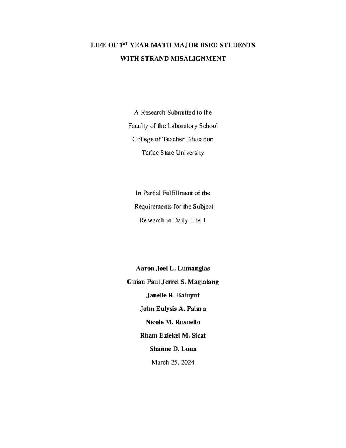 Title 3 final - Laboratory School - LIFE OF 1ST YEAR MATH MAJOR BSED ...