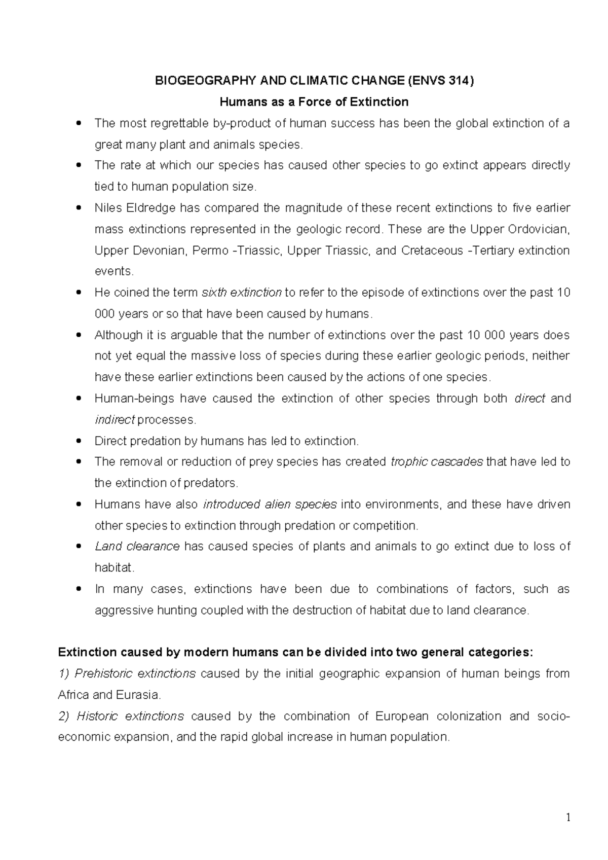 Topic 5 Humans as a Force in Extinction - BIOGEOGRAPHY AND CLIMATIC ...