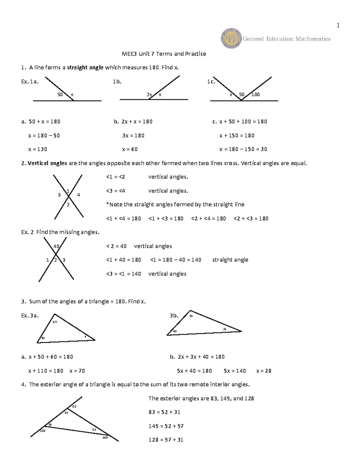 MEE3 Unit 7 Terms and Practice - 60 50 x 40 3x 2x 97 52 83 128 MEE3 ...