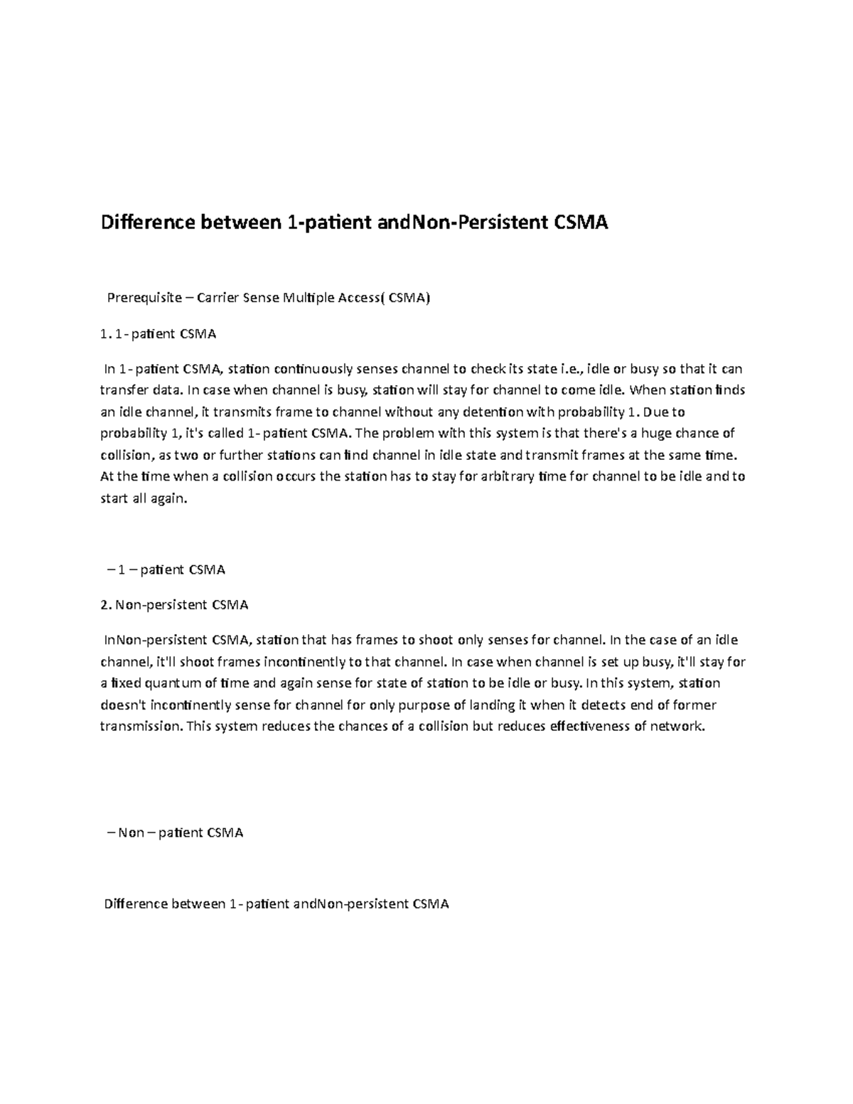 Difference between 1-patient and Non-Persistent CSMA - Difference ...