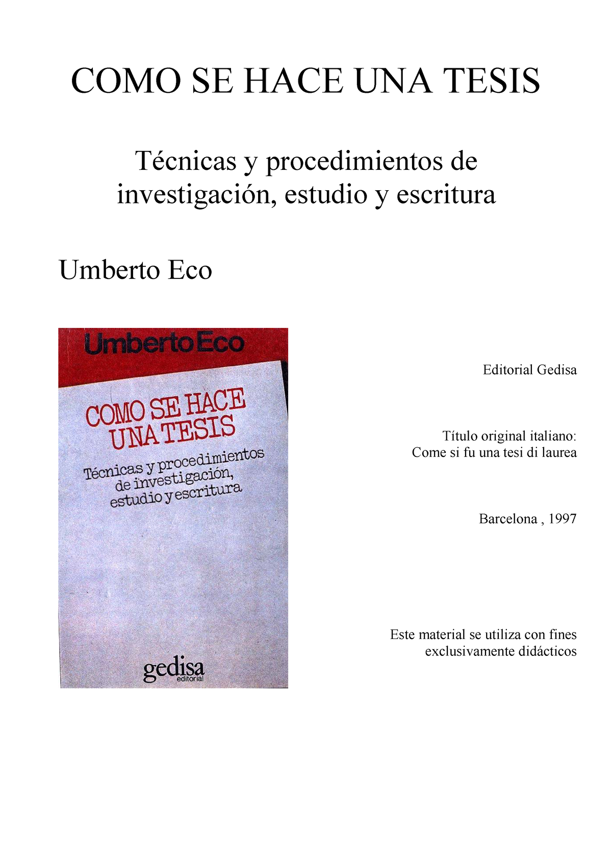 Eco (1997) Cómo se hace una tesis. (apartado QUÉ ES LA Cientificidad ...