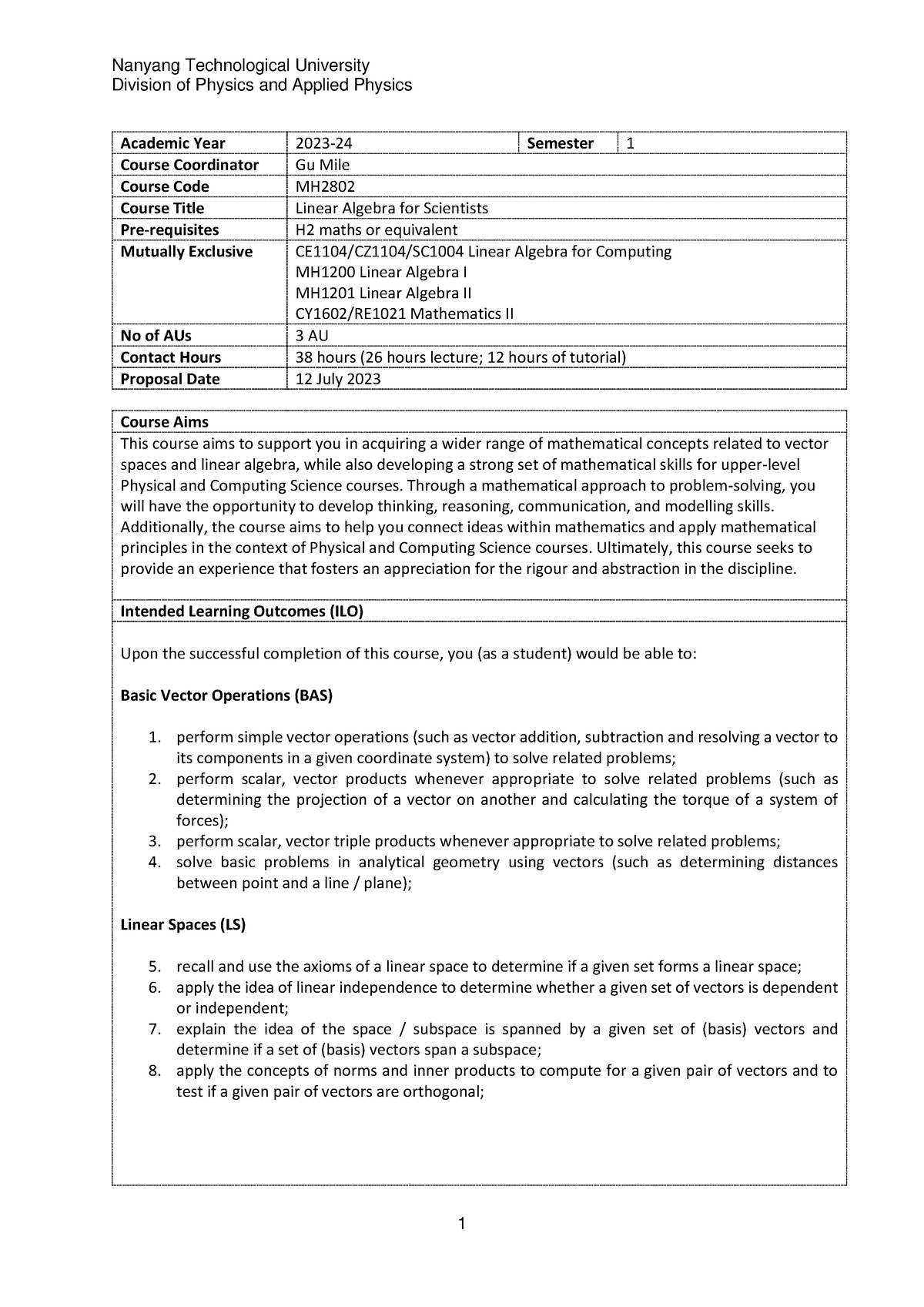 Mh2802 - Syllabus - Division Of Physics And Applied Physics Academic ...