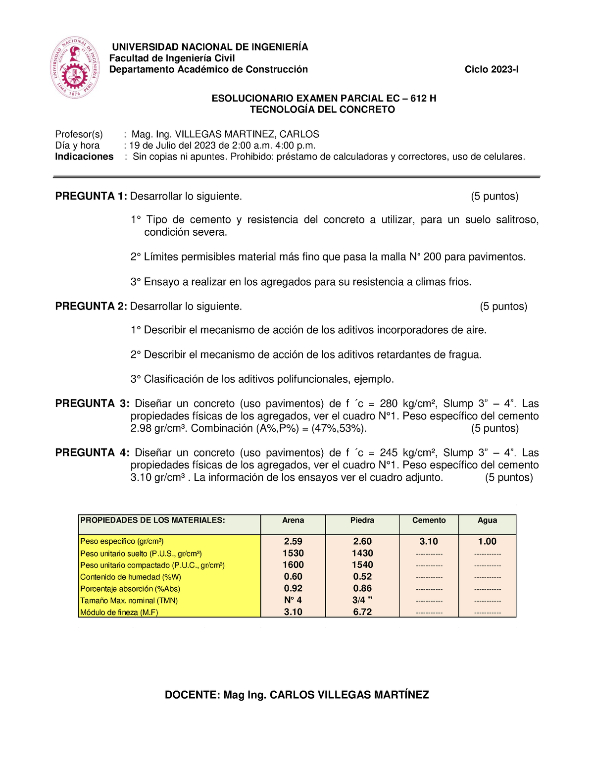 Solucionario - Examen Parcial EC 612 H - Tecnología DEL Concreto (19 ...