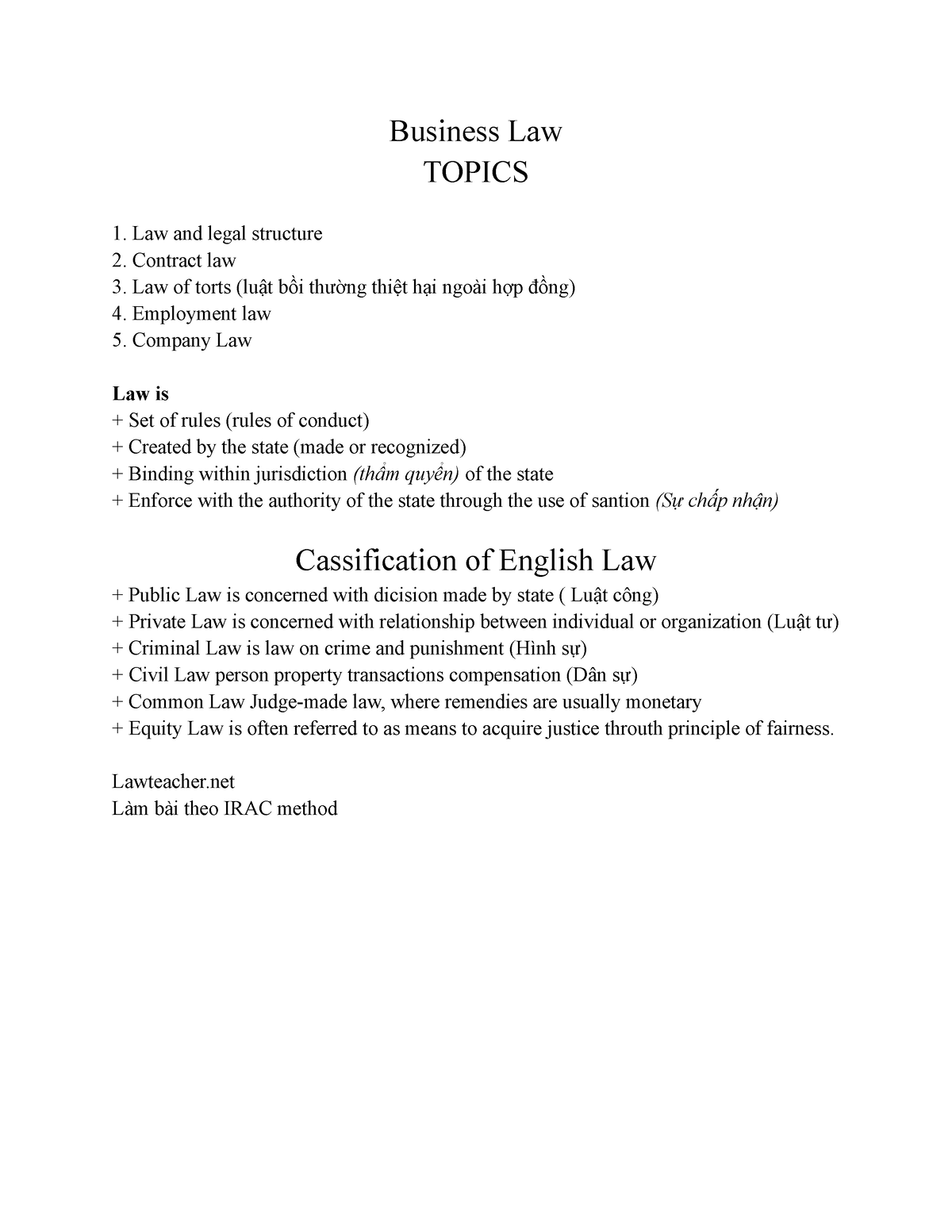 BL1 - ... - Business Law TOPICS Law And Legal Structure Contract Law ...