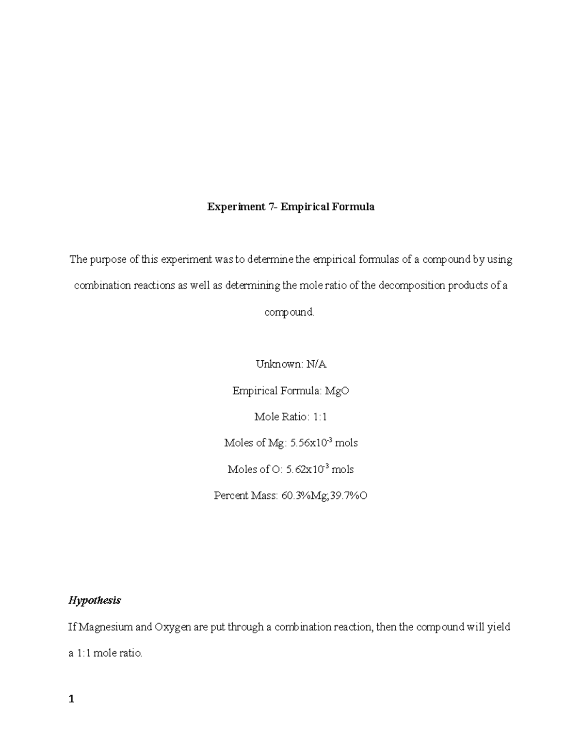 Lab ReportExp 7 Lab Report Exp 7 (Driver) Experiment 7 Empirical Formula The purpose of