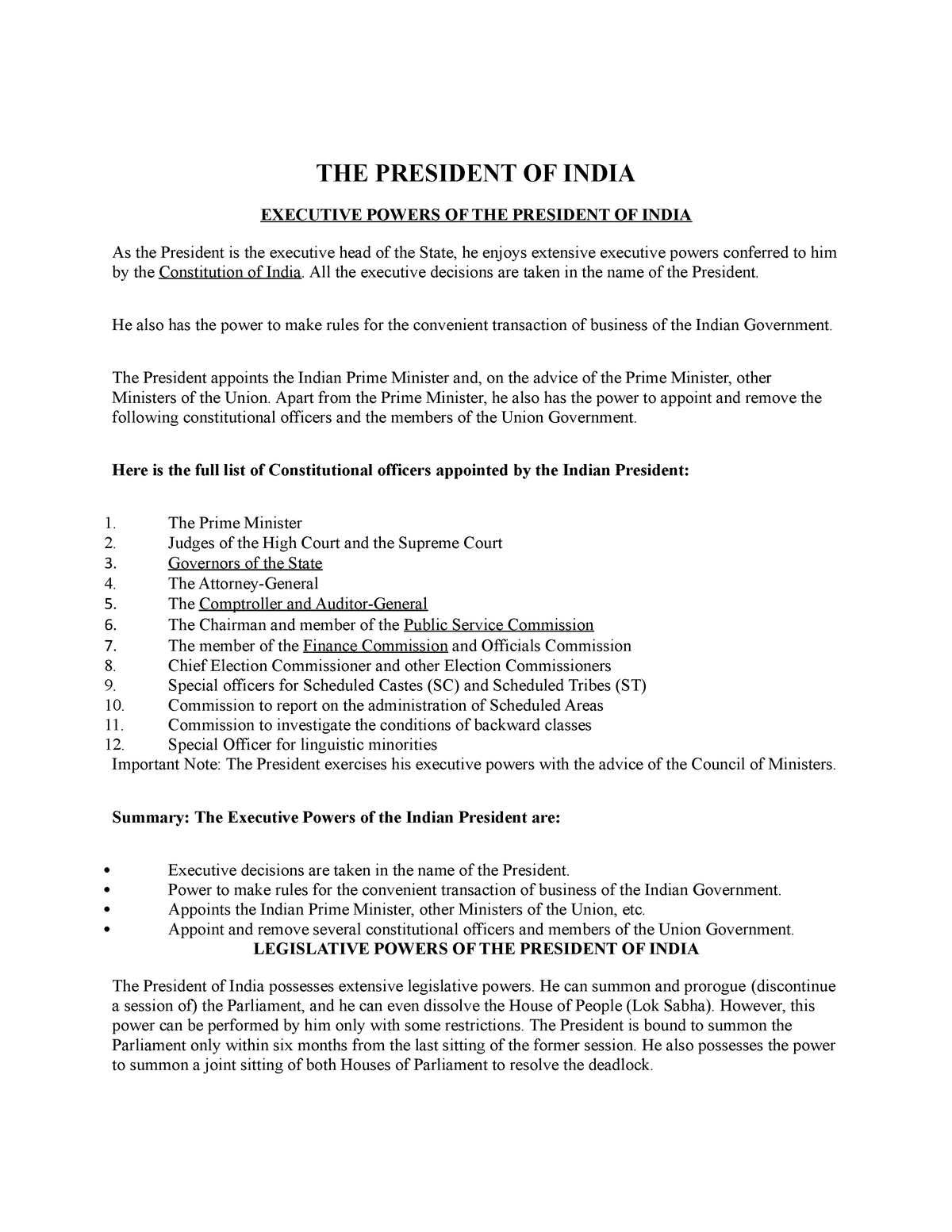 unit-2-notes-of-cl2-the-president-of-india-executive-powers