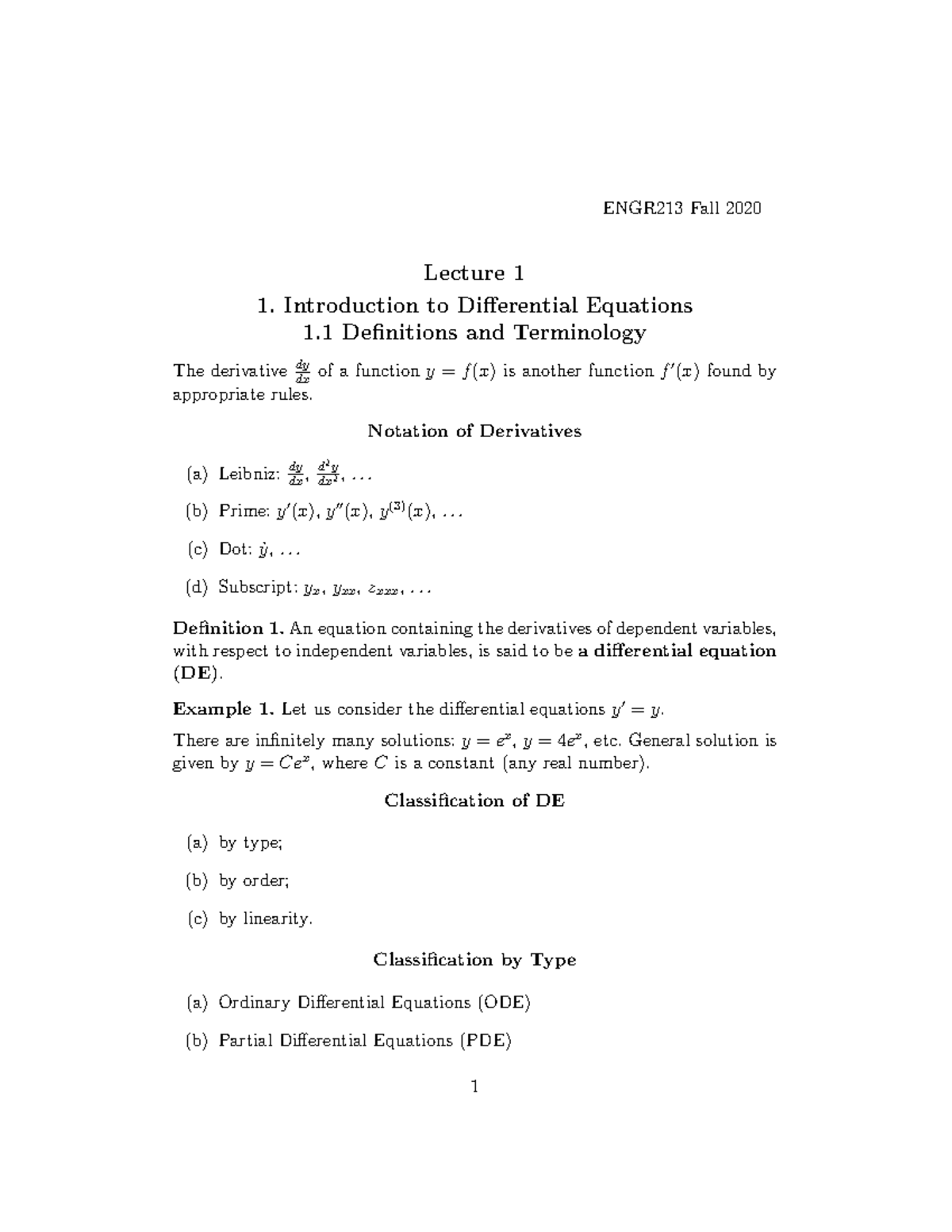 Lecture 1 ENGR 213 Notes - ENGR213 Fall 2020 Lecture 1 1. Introduction ...