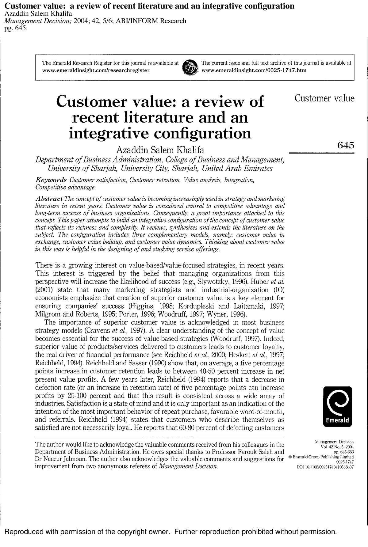 customer value a systematic literature review