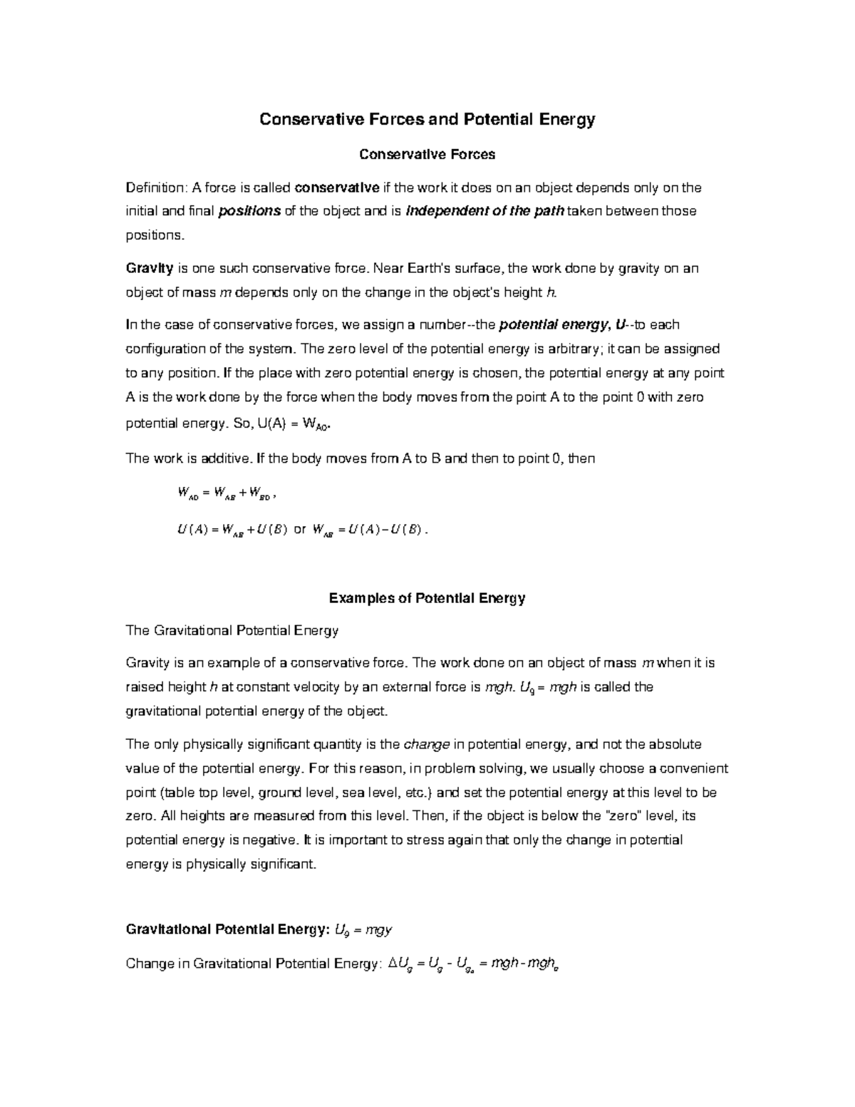 Lesson 8studysheet-2 - Key Concepts - Conservative Forces And Potential ...