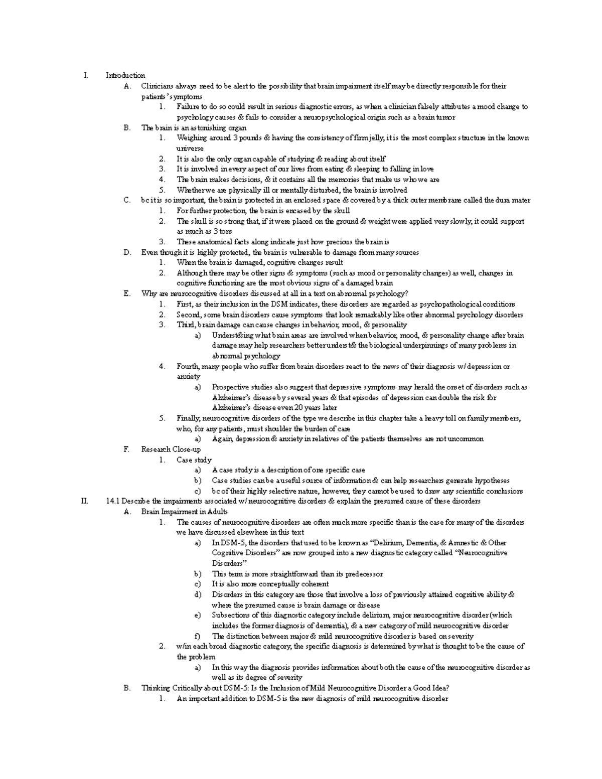 Chapter 14 Neurocognitive Disorders - I. II. Introduction A. Clinicians ...