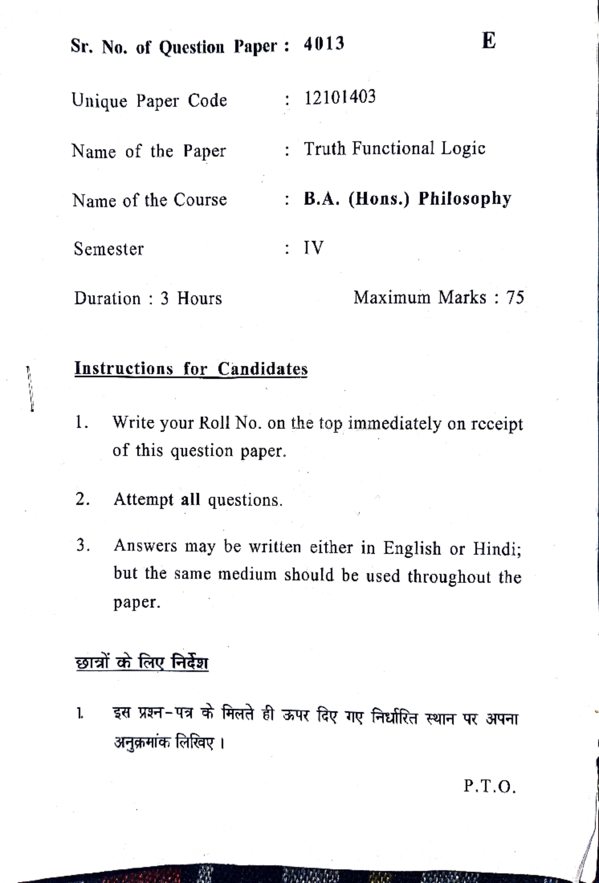 Truth Function logic question paper - Sr. No. of Question Paper : 4013 ...