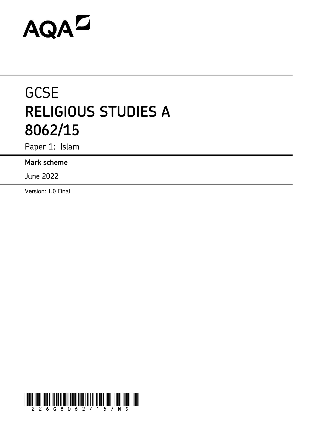 AQA 8062 15 Final MS Jun22 V1 - GCSE RELIGIOUS STUDIES A 8062/ Paper 1 ...