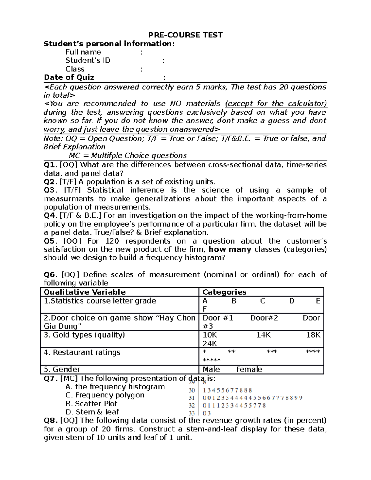 PRE- Course TEST - PRE-COURSE TEST Student’s personal information: Full ...