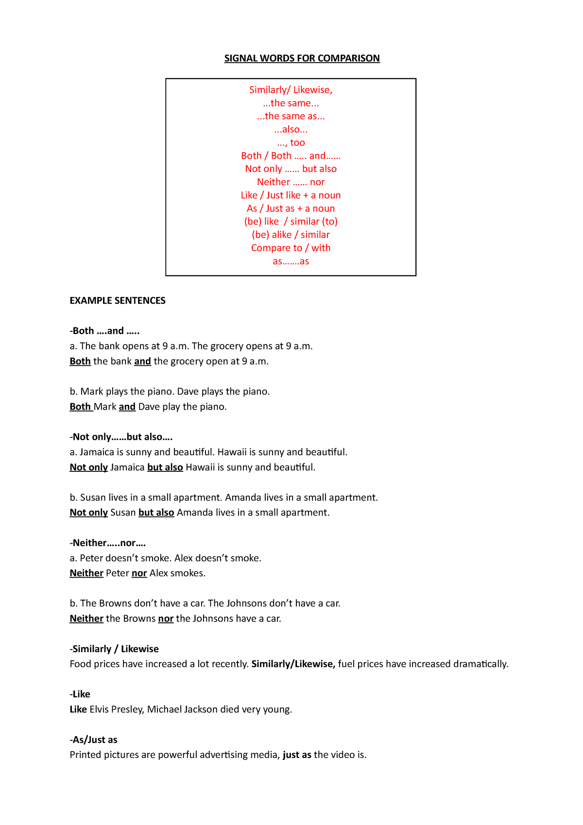 Summary Of Signal Words For Comparison And Contrast SIGNAL WORDS FOR 