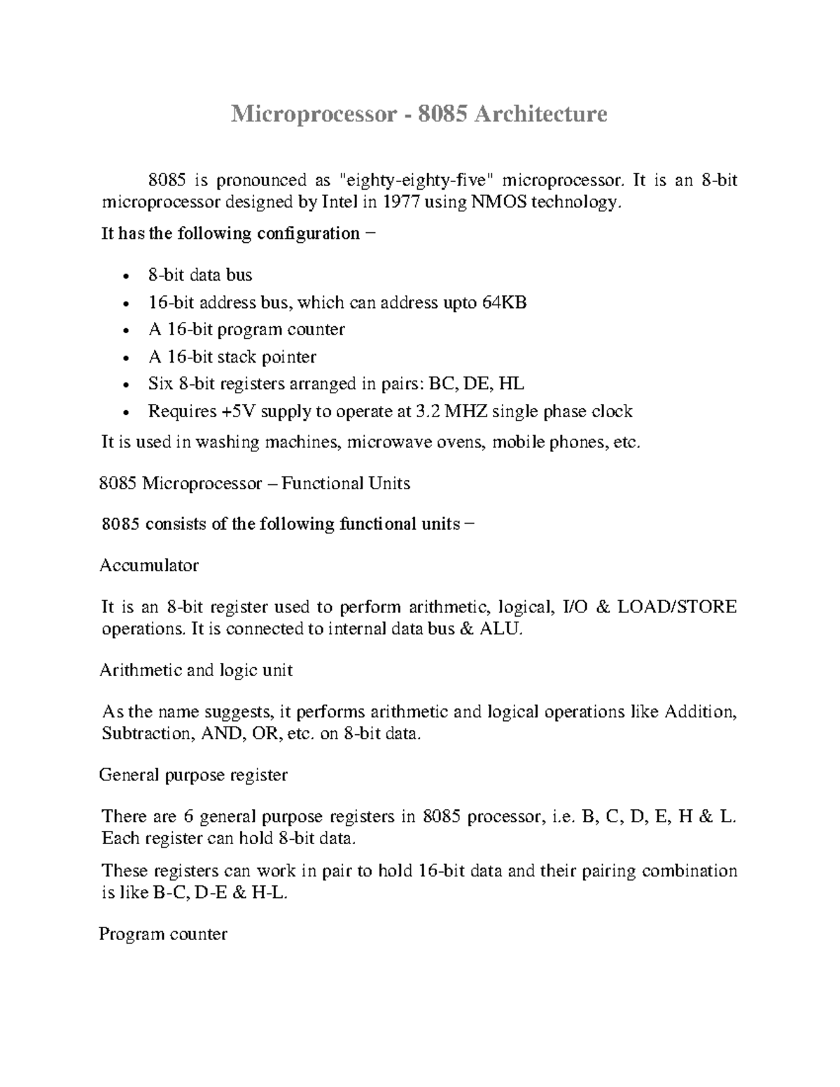 8085 architecture - 8085 - Microprocessor - 8085 Architecture 8085 is ...