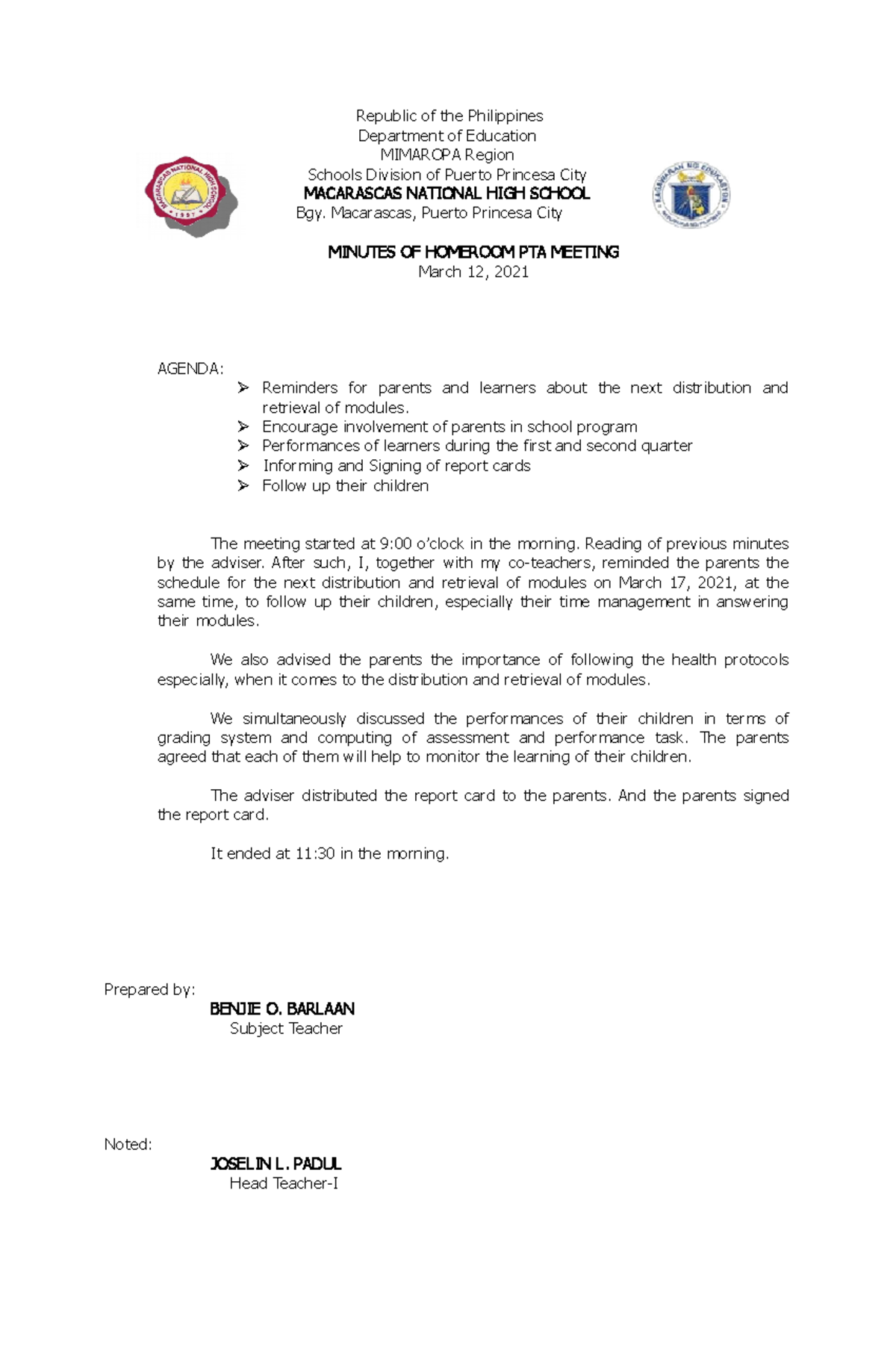 Minutes Of Meeting - Shs - Republic Of The Philippines Department Of 