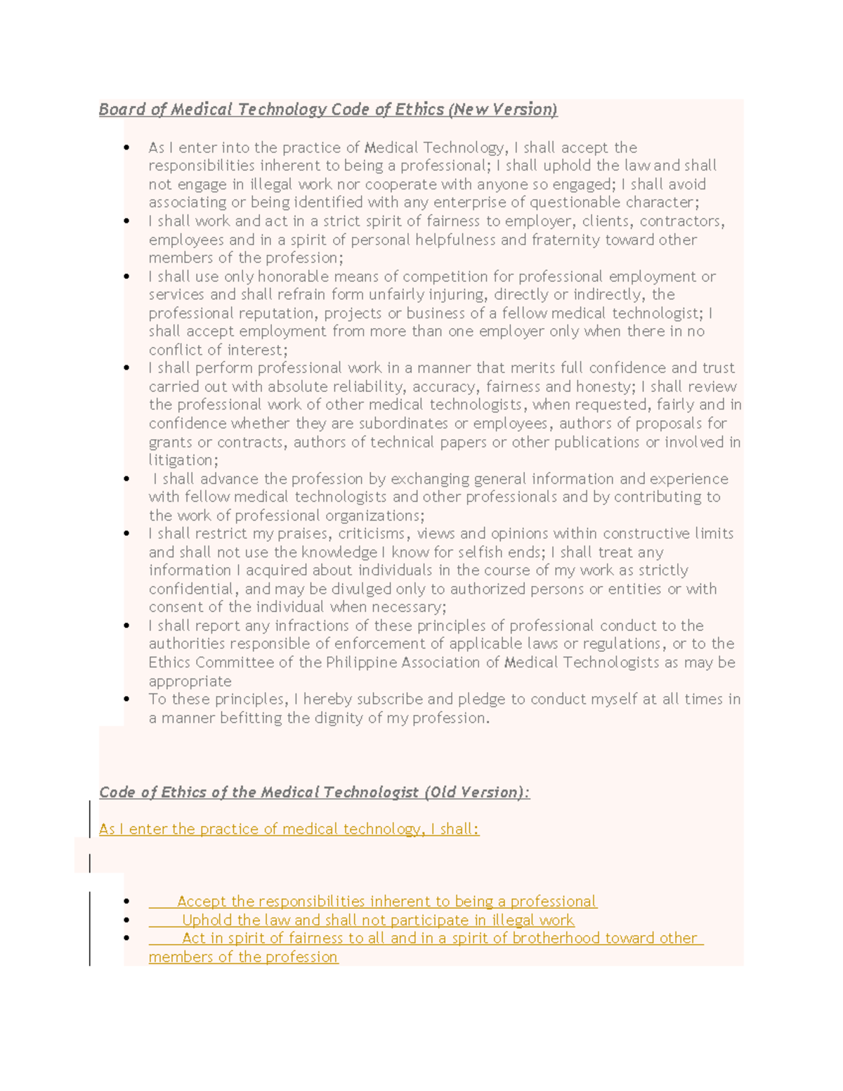 2 Board of Medical Technology Code of Ethics Code of Ethics of the Medical Technologist (Old