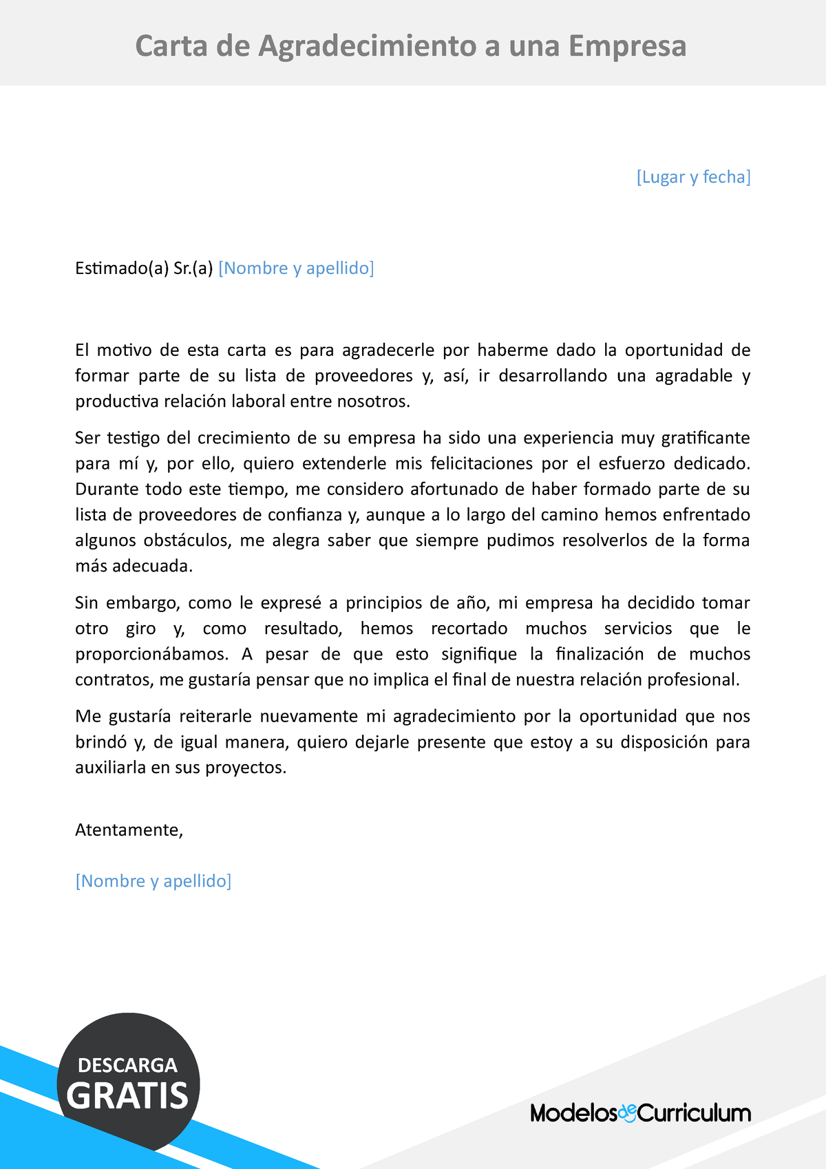 14 Modelo Carta De Agradecimiento A Una Empresa Lugar Y Fecha Estimadoa Sra Nombre Y