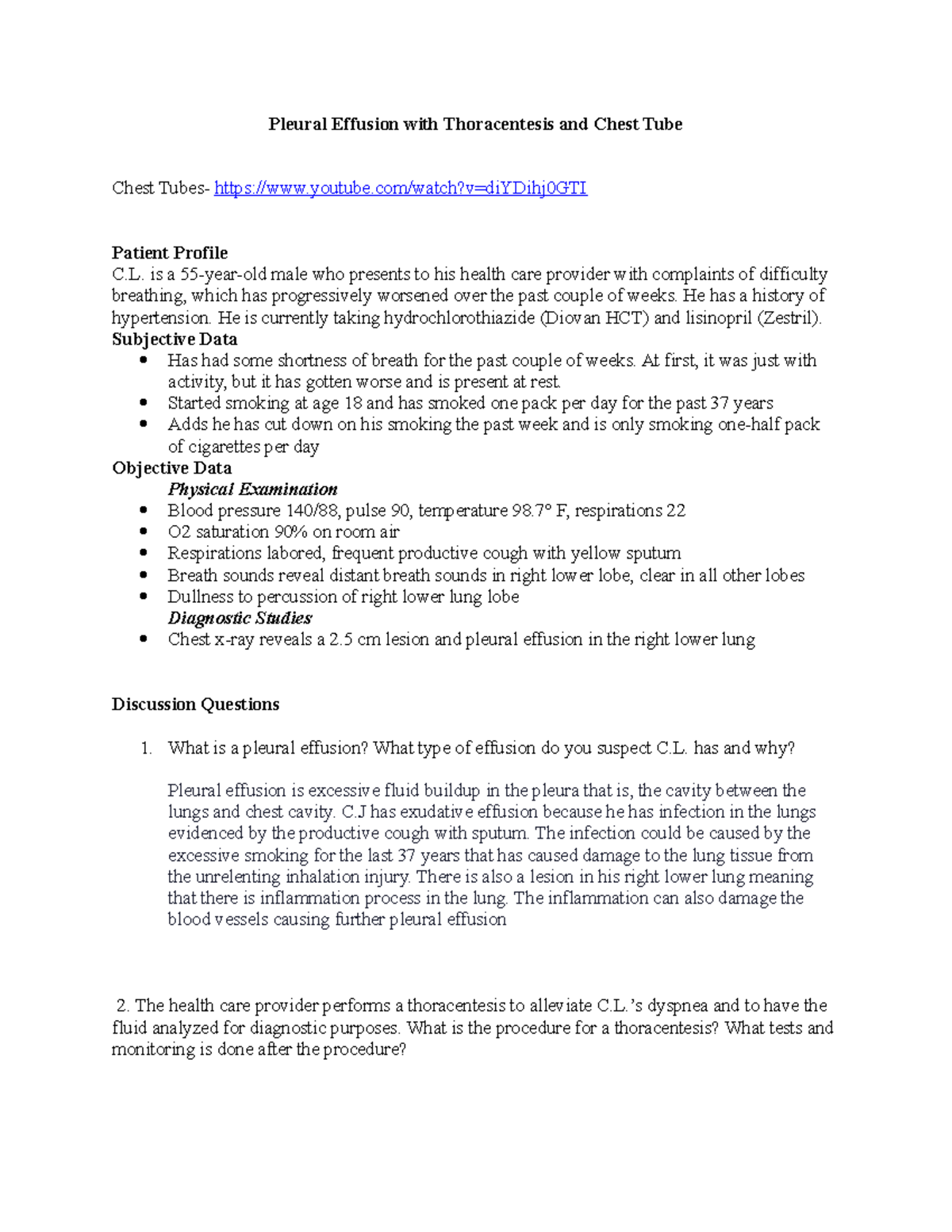 Case Study Pleural Effusion with Thoracentesis and Chest Tube Pleural