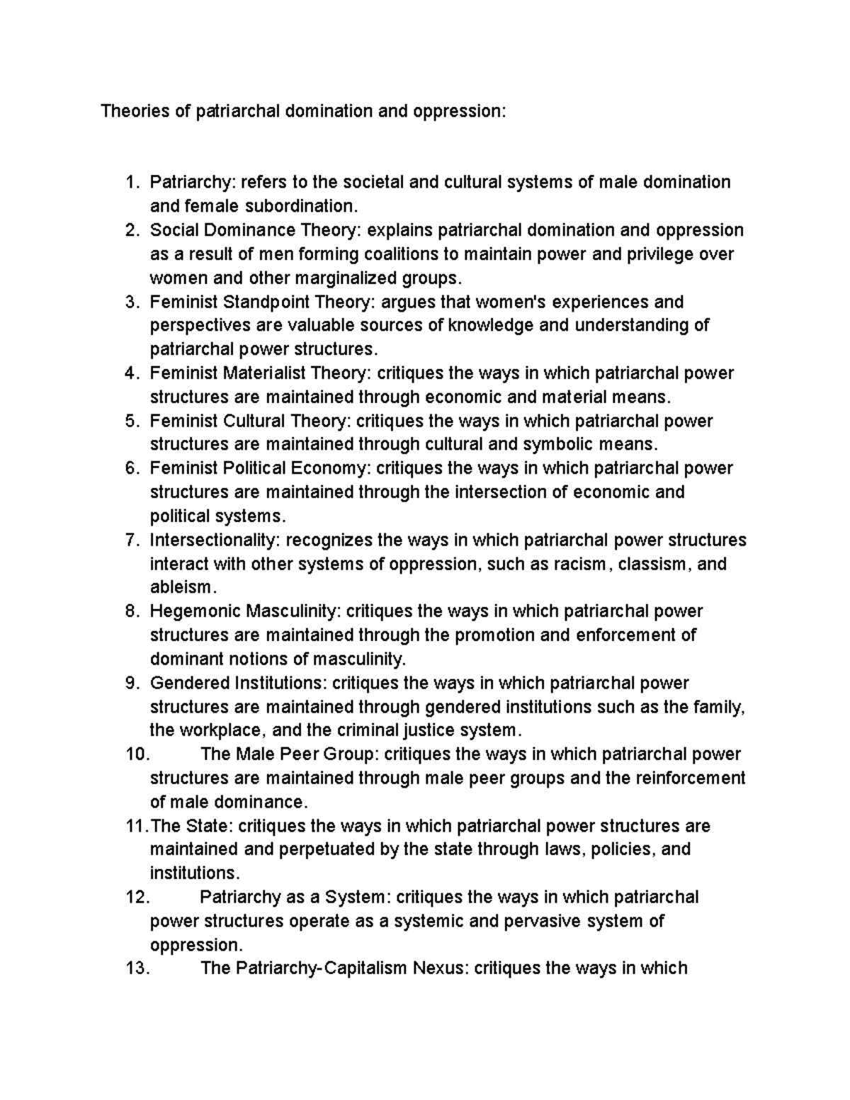 Theories of patriarchal domination and oppression Theories of