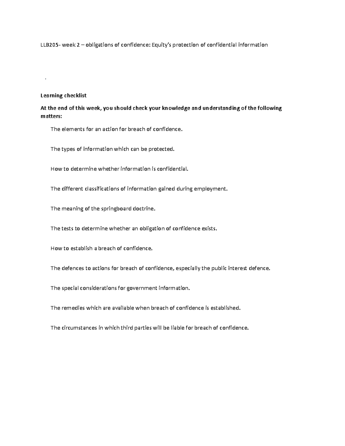 LLB205 - Letcure and Tutorial notes - LLB205- week 2 – obligations of ...
