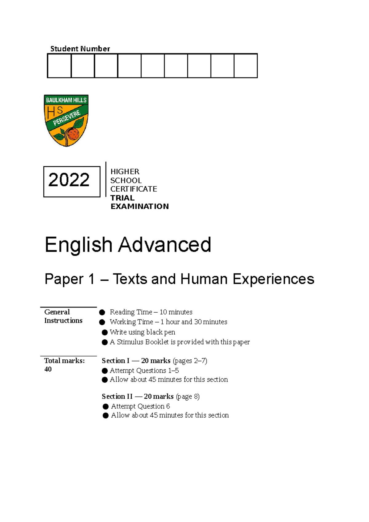 Baulkham Hills 2022 Advanced Paper 1 - Student Number English Advanced ...